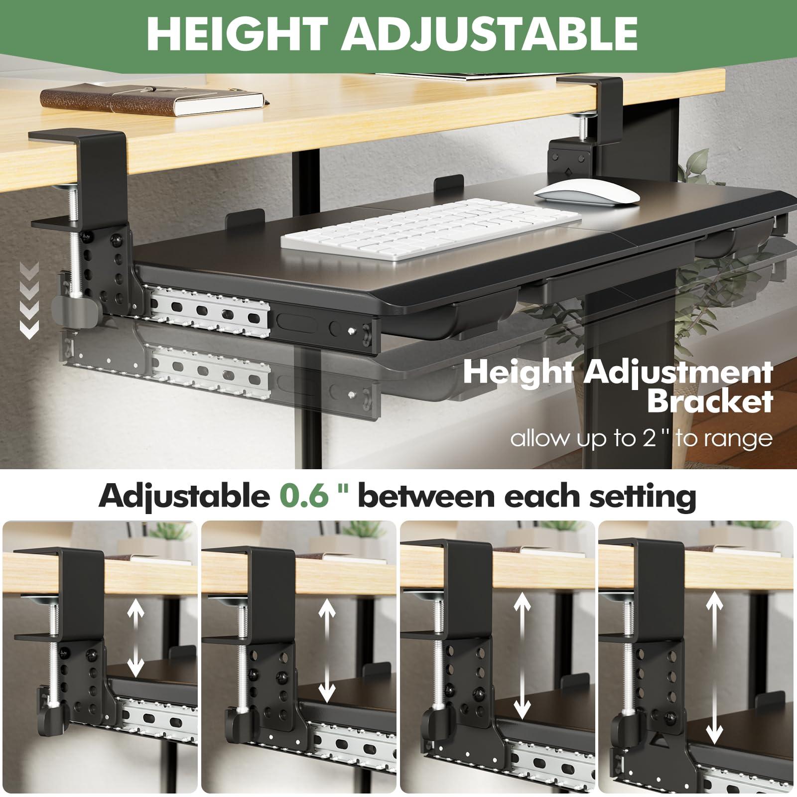 Height Adjustable Keyboard Tray Under Desk Slide Out, 27(33 Including Clamps)*11 Inch, Ergonomic Keyboard & Mouse Drawer Extender Holder, Sturdy C-Clamp Mount, for Home, Office, Black - Image 3