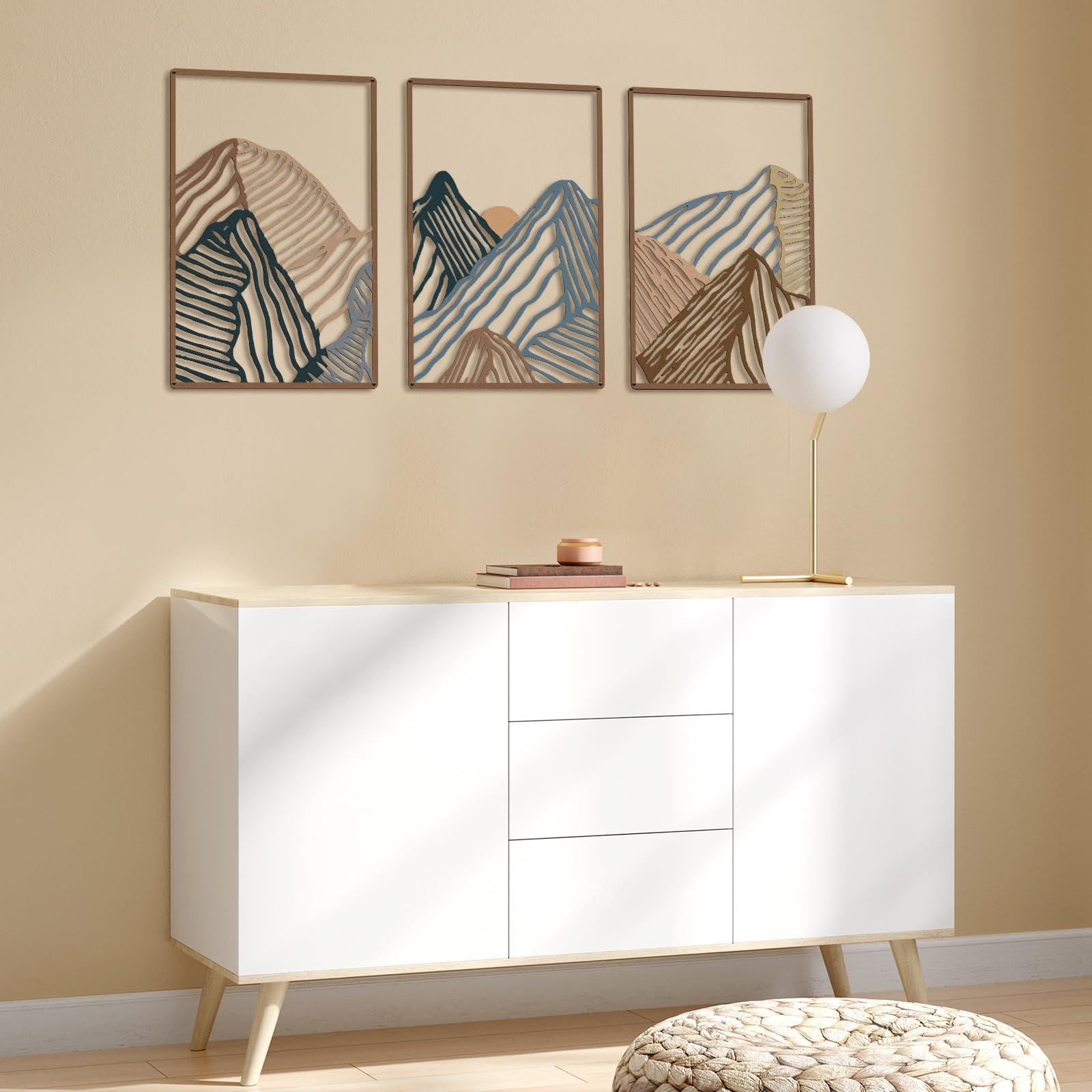 Peryiter Metal Wall Art 3 Piece Mountain Wall Art for Living Room Abstract Minimalist Mountain Line Pictures Gifts Decor for Summer Home Bathroom Office(Vibrant Colors) - Image 4
