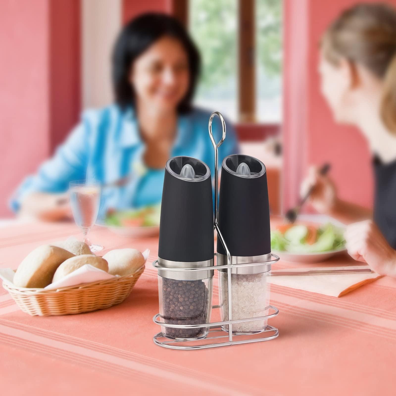Gravity Electric Pepper and Salt Grinder Set, Battery Operated Pepper Mill with Blue LED Light, One Hand Operation, Flip to Grind, Adjustable Coarseness - Image 2