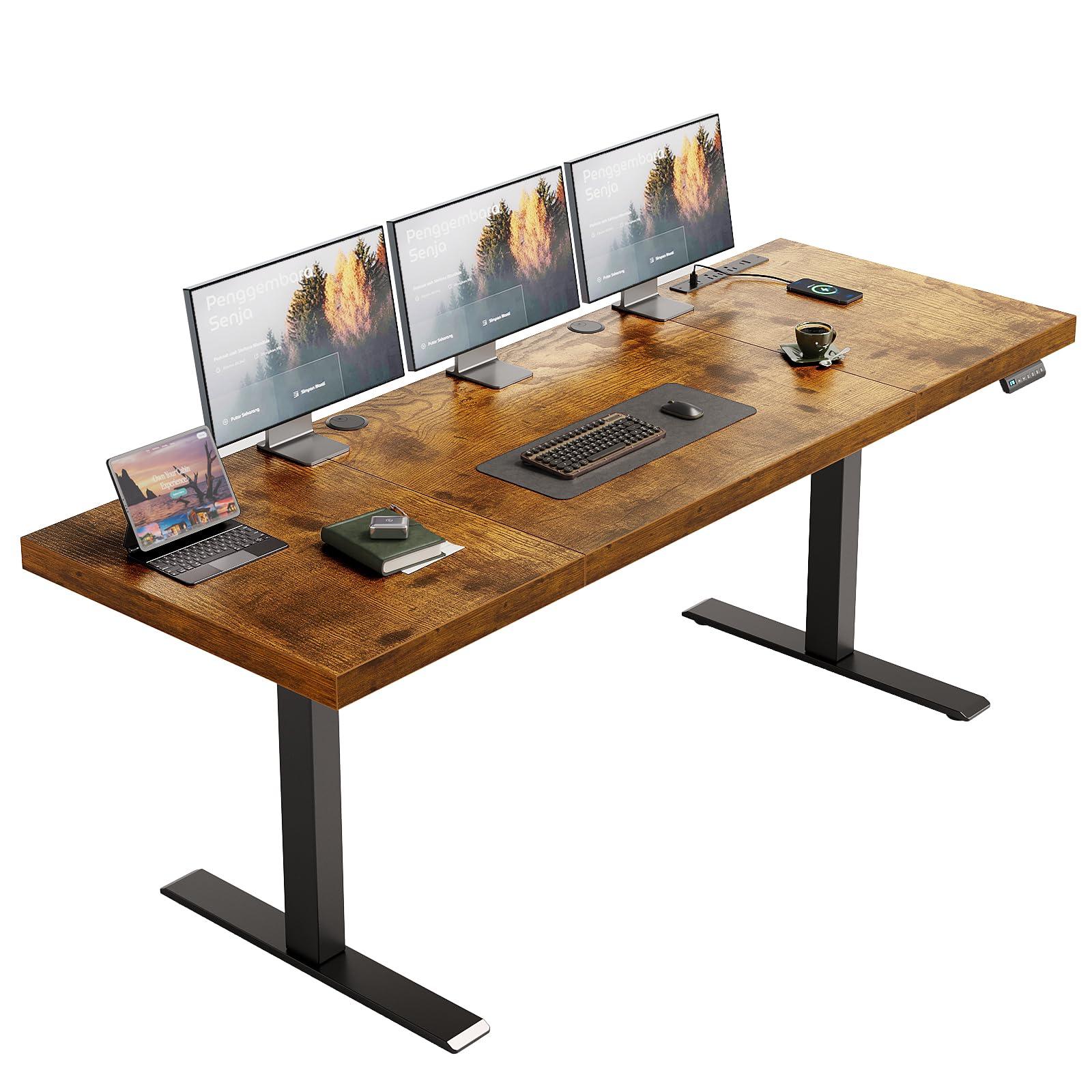 OffiGo Electric Standing Desk with 3-Piece Board, 71 Inch Height Adjustable Large Desk with Power Outlets, Sit Stand Table, Writing Computer Desk for Home, Office, Workstation, Rustic Brown