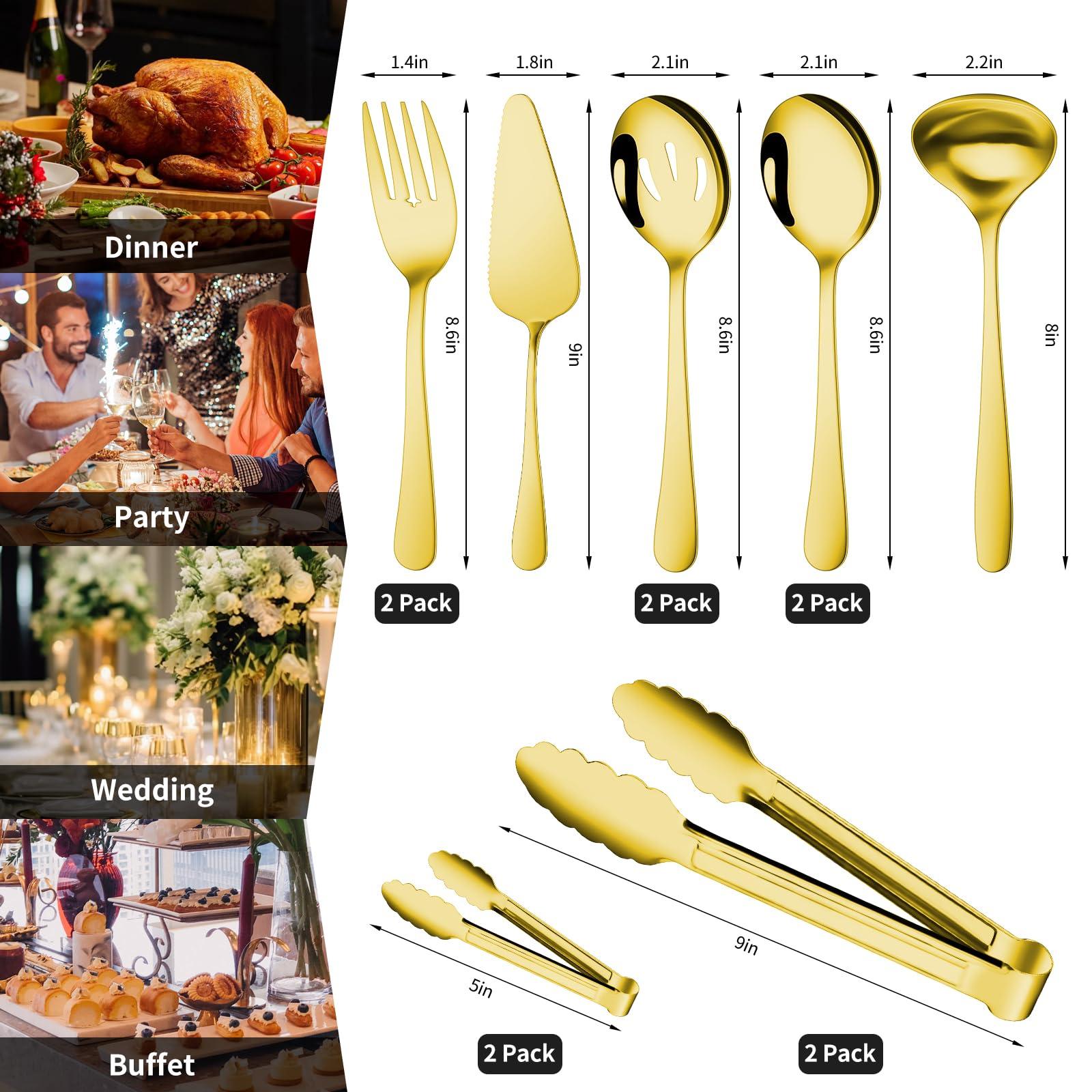 Gisly Gold 12 Pieces Serving Utensils Include Large Serving Spoons,Slotted Serving Spoons,Serving Forks,Serving Tongs,Appetizers Tongs,Soup Ladle and Pie Cake Server for Buffet Catering - Image 3