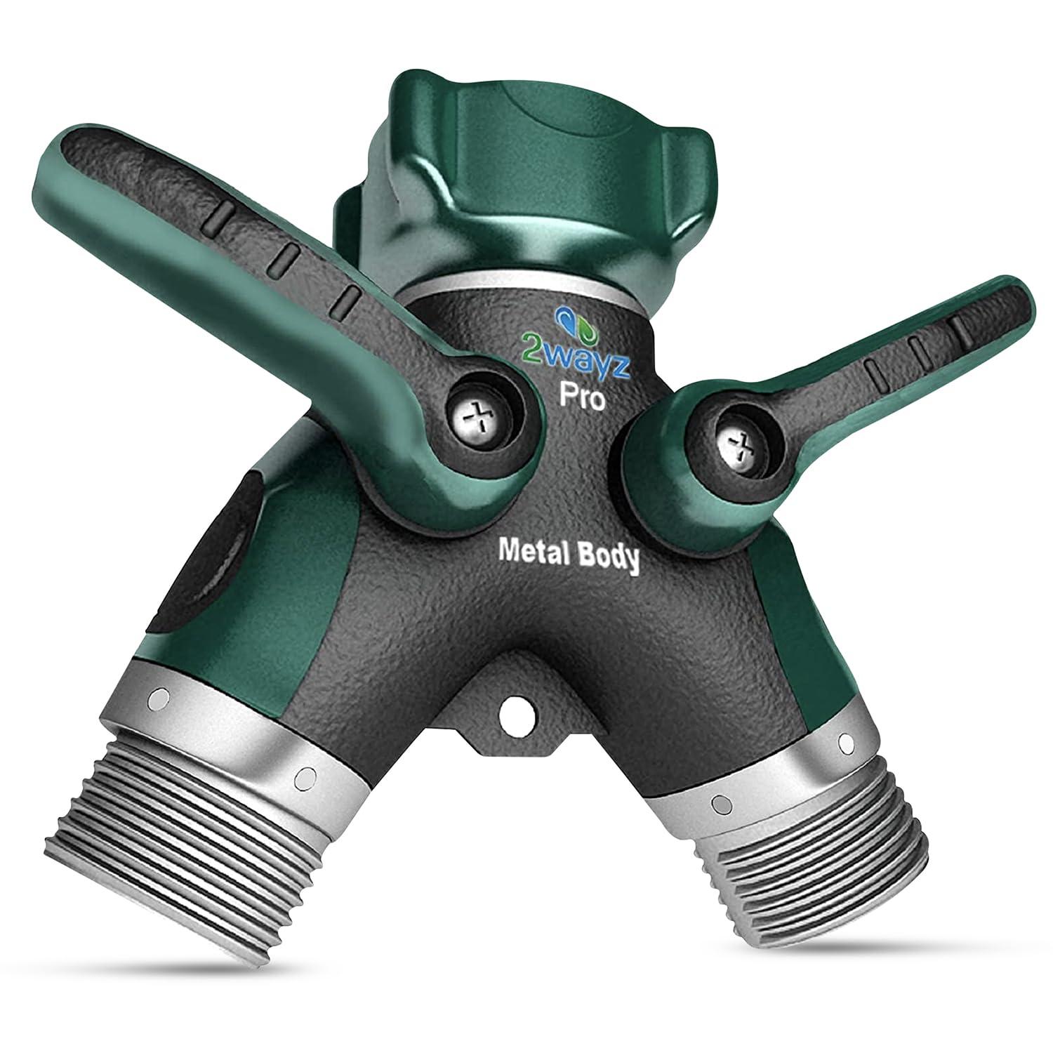 Hose Splitter 2 Way Heavy Duty - 2WAYZ Outdoor Faucet and Garden Hose Splitters - Durable Water Spigot Splitter Y Adapter - All-Metal Water Pipe Connector with Shut-Off Valve - 4" x 4" x 1.5"