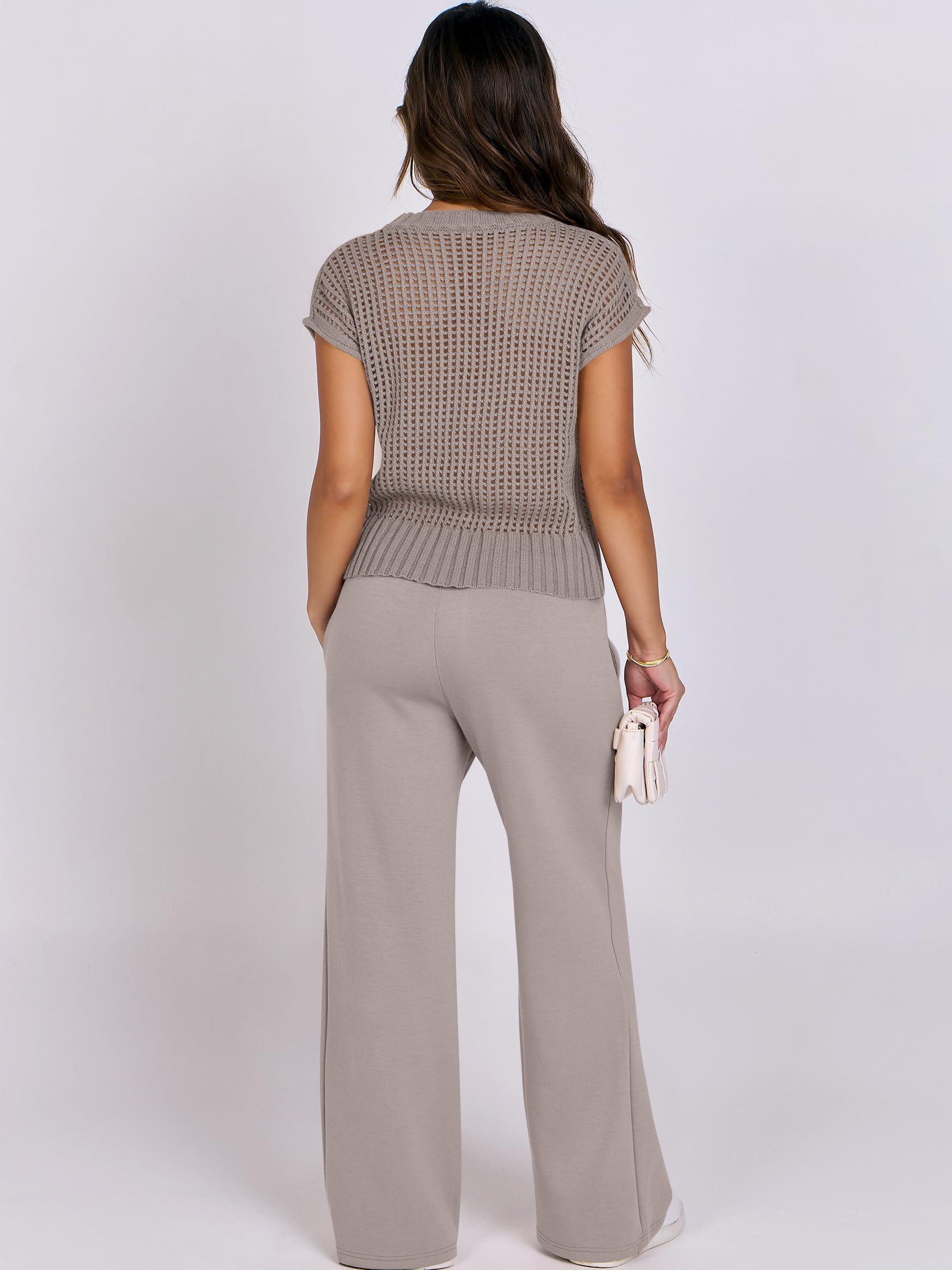 ANRABESS Women Two Piece Outfits Crochet Sheer Knit Sweater Top Wide Leg Pants Lounge Matching Sets Sweatsuit Travel Clothes - Image 3