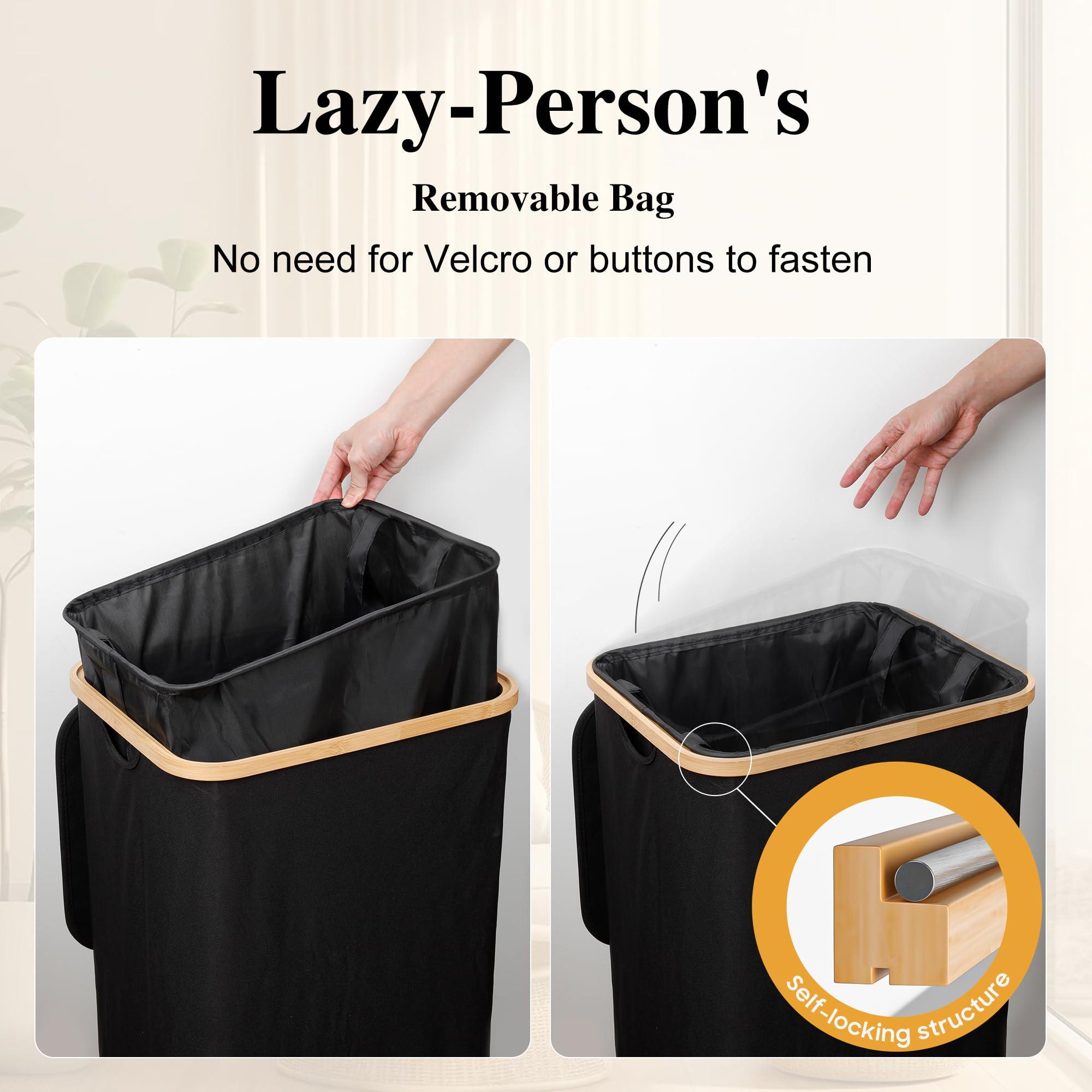 Foluck Large Laundry Hamper, 100L Waterproof Laundry Basket with Lid and Removable Bag, Collapsible Tall Clothes Hamper with Bamboo Handles for Clothes Toys in Dorm Bedroom Bathroom, Black - Image 3