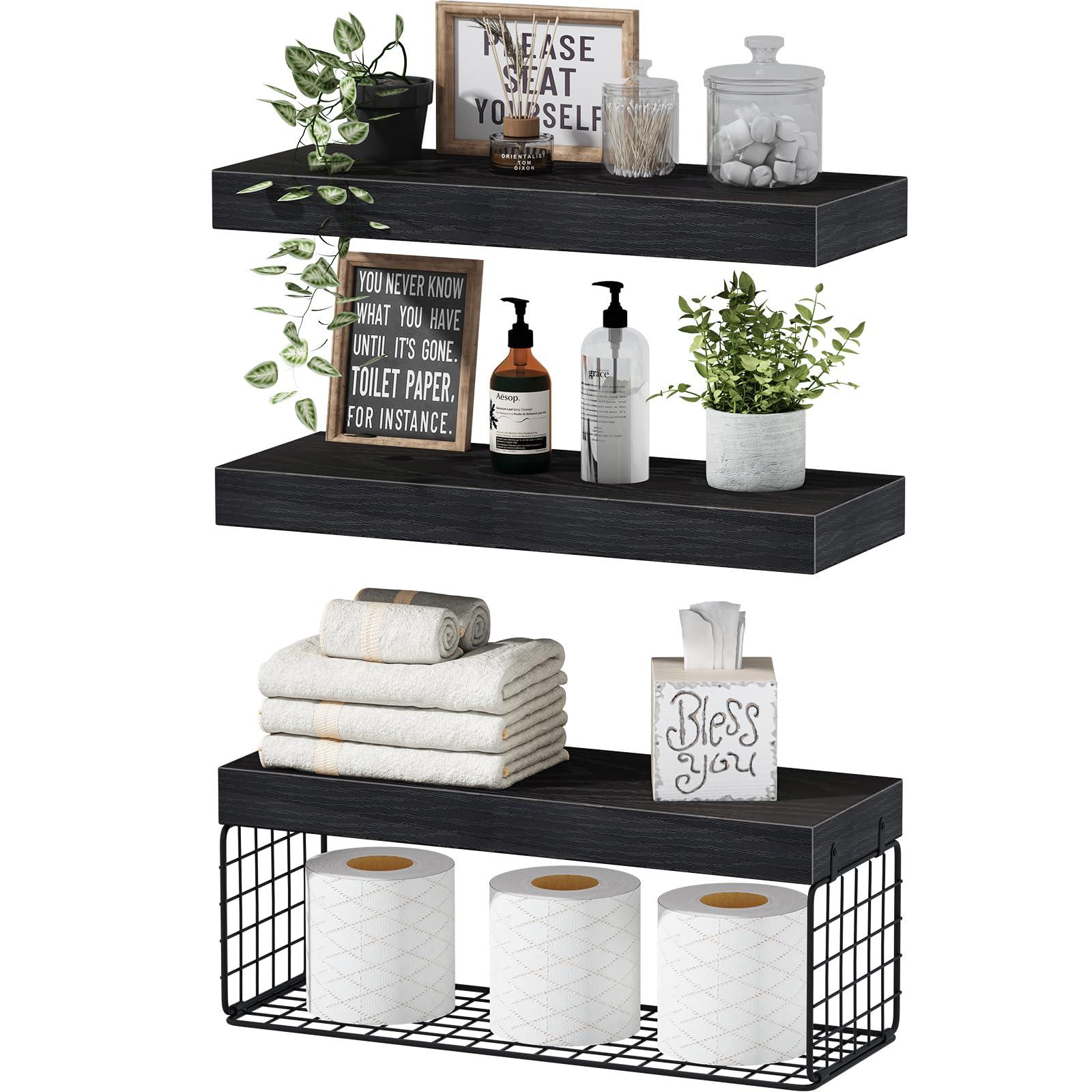 QEEIG Bathroom Shelves Over Toilet - Wall Mounted Floating Shelves Toilet Paper Storage Small Farmhouse Decor Shelf 16 inch Set of 3, Black (019-B3)