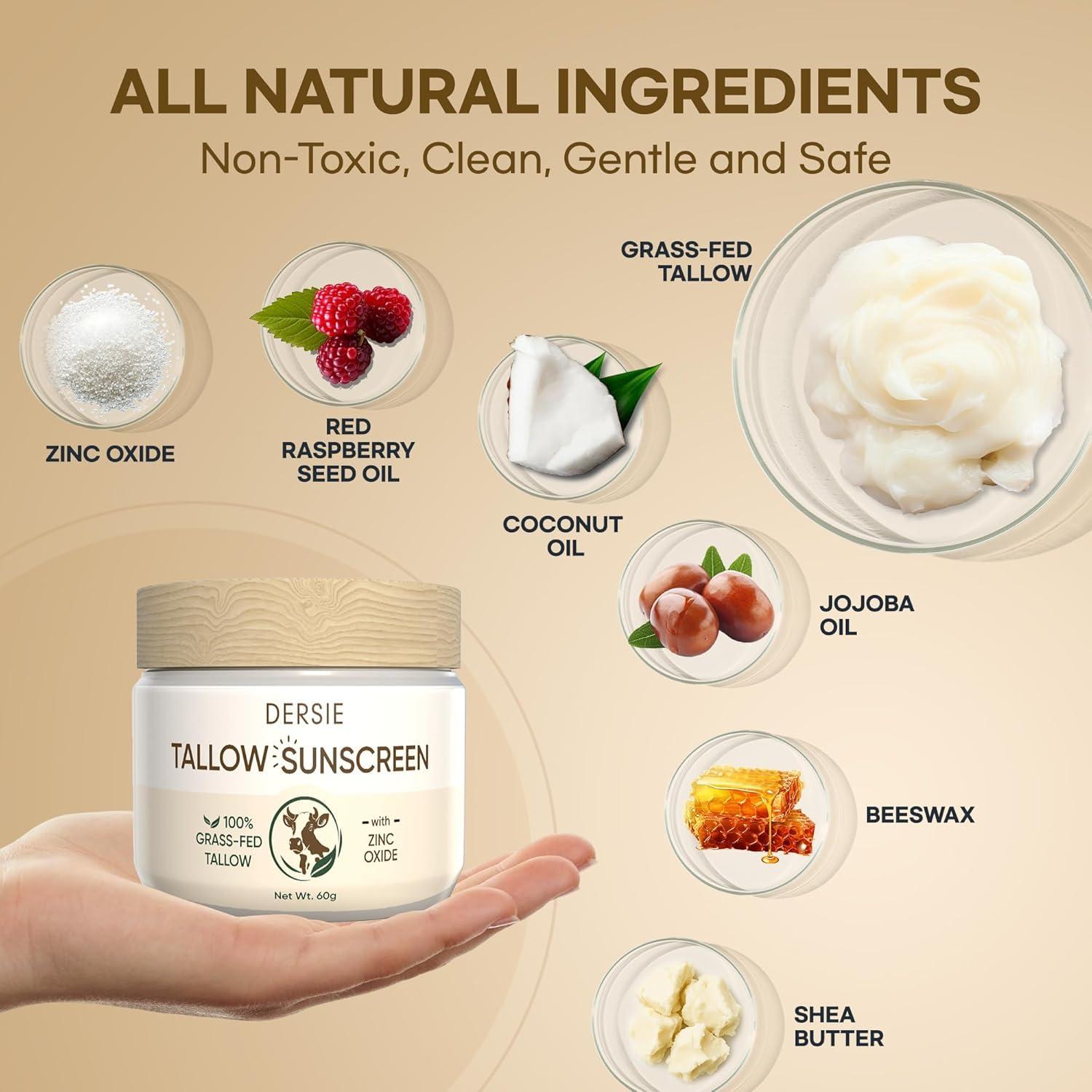 Beef Tallow Sunscreen with Zinc Oxide: Tallow & Zinc Oxide Instant Sun Protection - Non Greasy Formula with Beeswax, Red Raspberry, Carrot Oil - Suitable for Dry and Sensitive Skin - Fresh Scent - Image 3