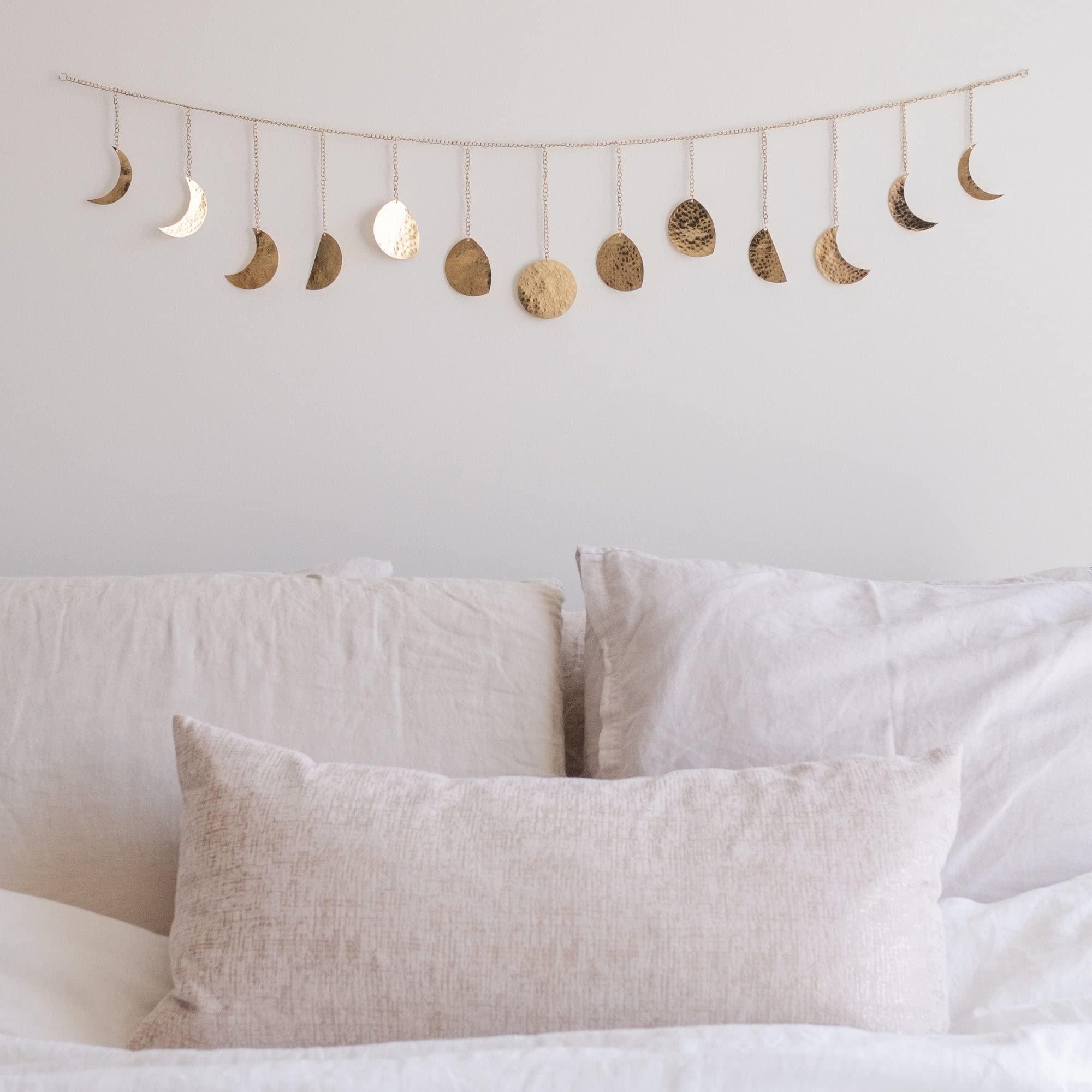 BASE ROOTS Moon Phase Wall Decor, Gold Wall Decor for Bedroom & Living Room, Bohemian Wall Decor, Handmade Hammered Metal 36" 13 Phases Moon Wall Decor, Celestial Wall Art, Gift for Women & Kids
