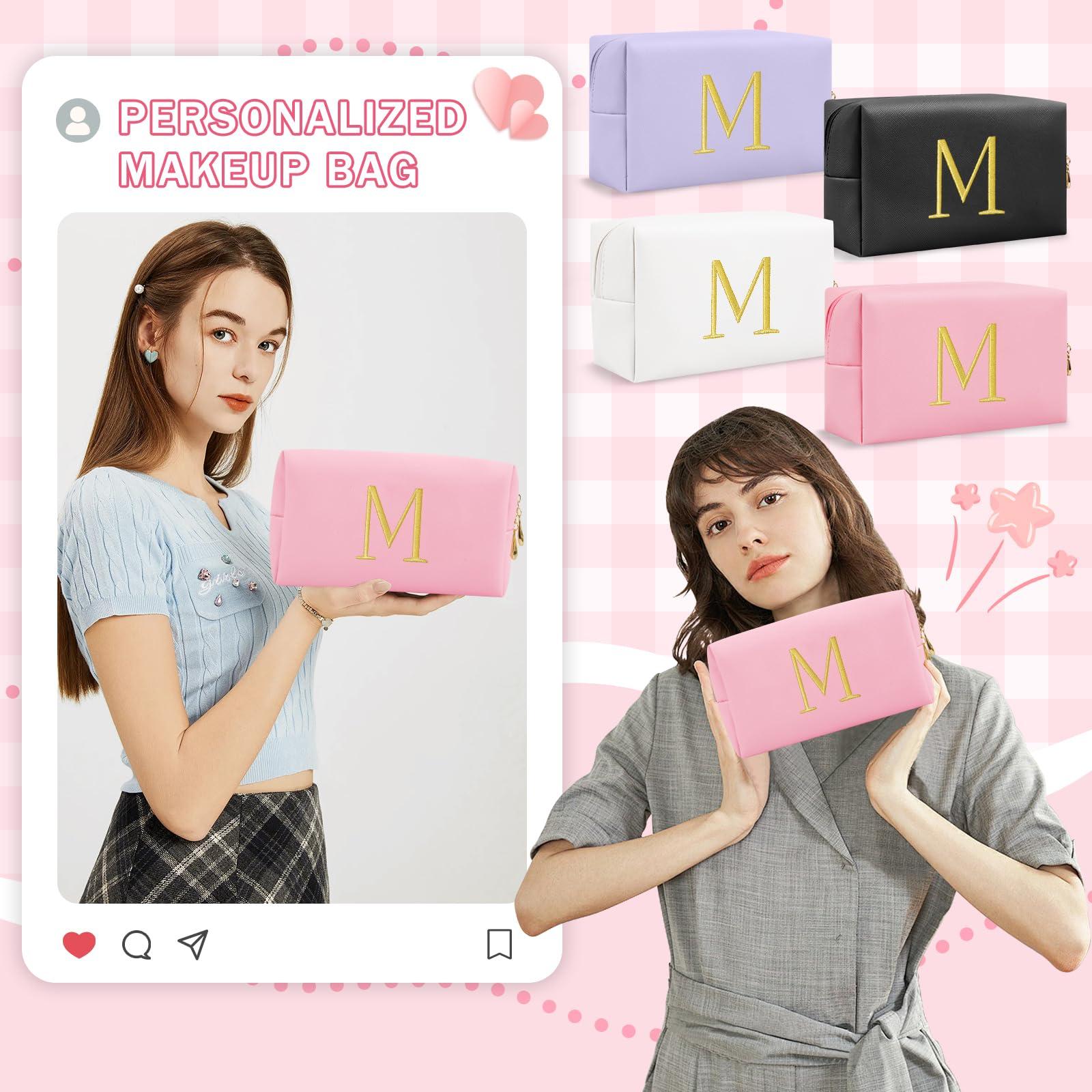 Personalized Gift Initial Makeup Bag,Preppy Gold Embroidered Letter Cosmetic Bag Stocking Stuffers for Teen Girls,Small Travel Toiletry Bag,Custom Christmas Birthday Gift for Women Mom Kids(Pink-M) - Image 4