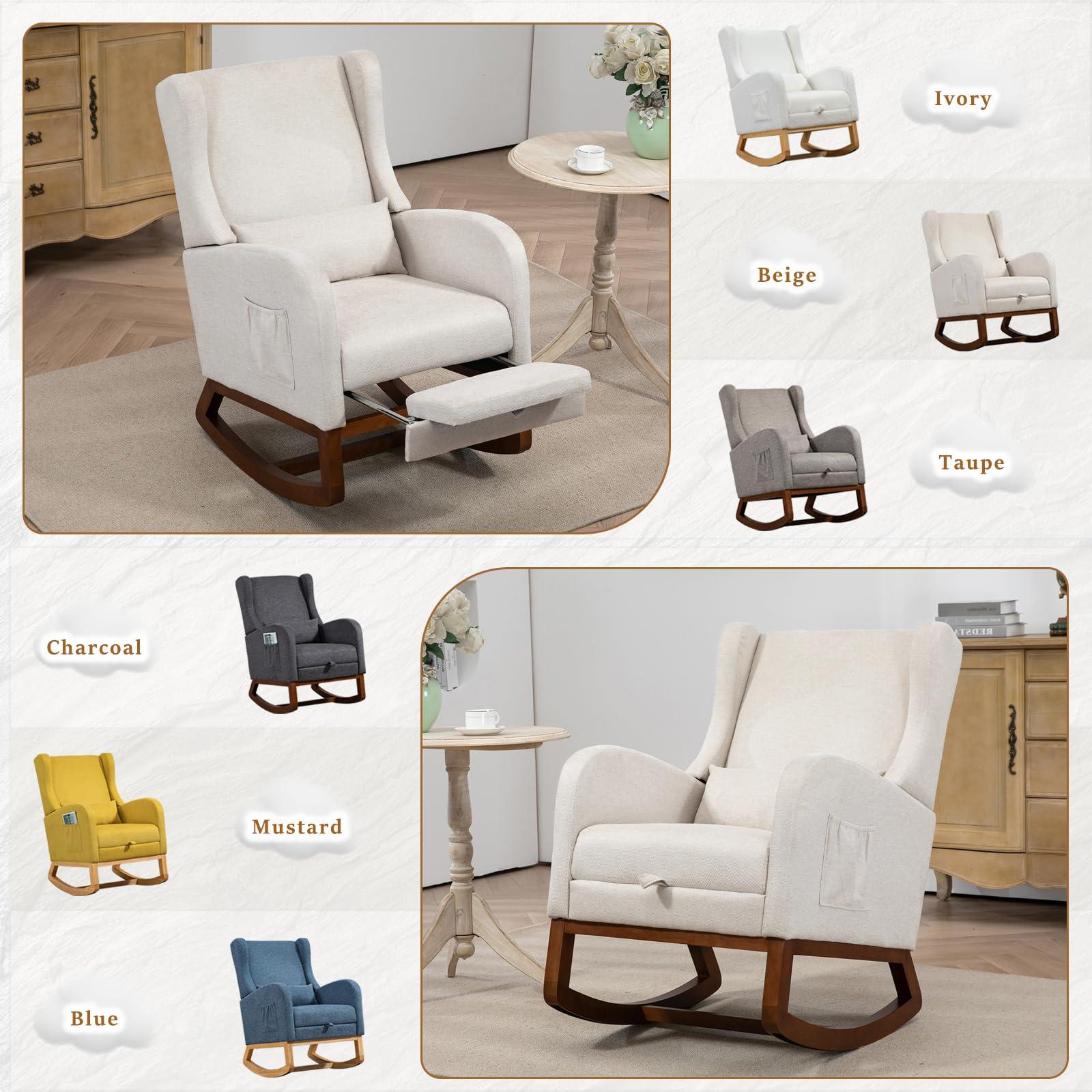 Modern Rocking Chair Nursery Glider, Comfy Rocker Nursery Chair with Foot Rest, Accent Reading Armchair with Pillow and Pocket, Upholstered Lounge Rocker with Solid Wood Base for Relaxing (Beige) - Image 7