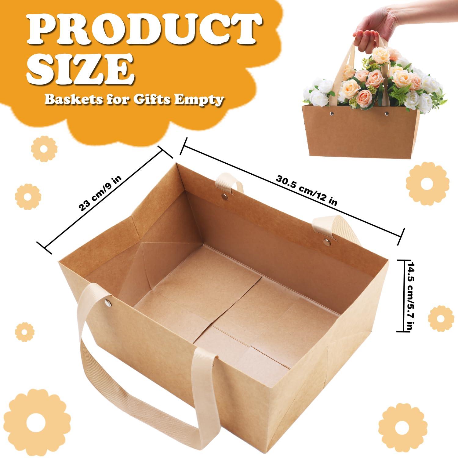 5 Pcs Brown Basket for Gifts Empty DIY Bulk Party Gift Basket Kit with Handles with 5 Bag 5 Bow Market Tray for Gift Packages Wrapping Anniversary Birthday Wedding Party Gift(9.8 x 6.7 x 4.3 In) - Image 2