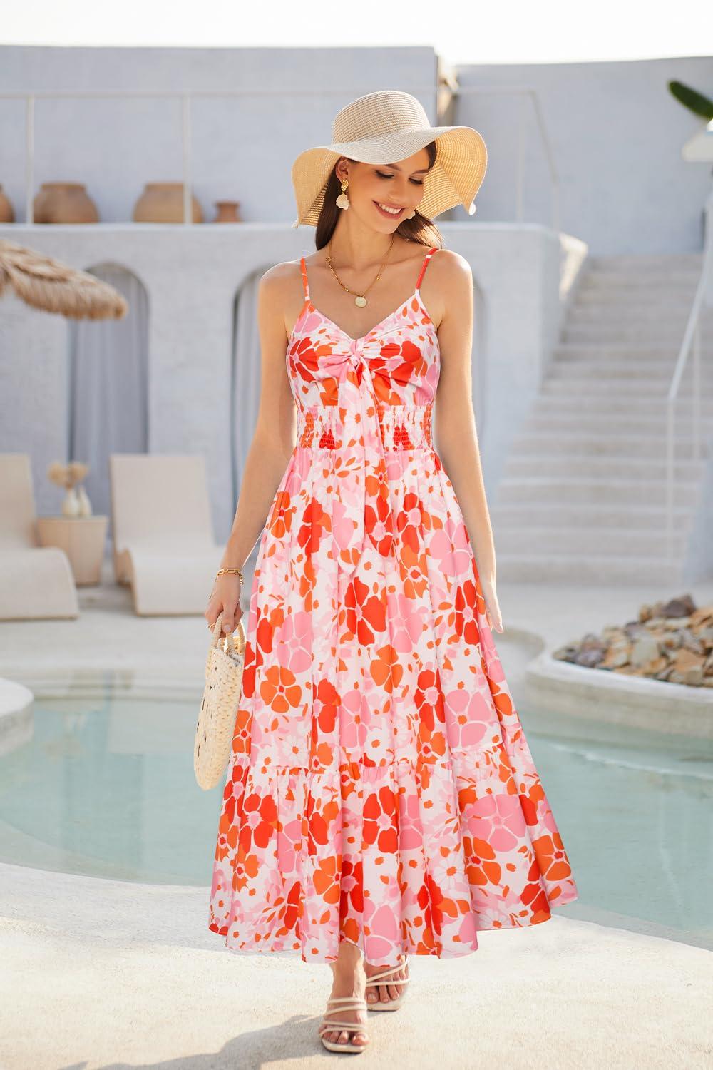 GRACE KARIN Women's 2025 Summer Maxi Dress Floral Tie Front Spaghetti Strap Casual Boho Beach Flowy Sundress with Pockets - Image 4