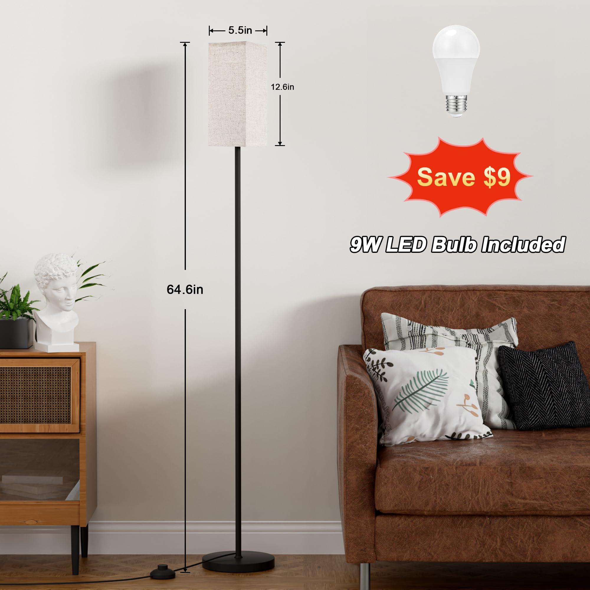 Ambimall Floor Lamps for Living Room & Remote Control, 9W Stepless Dimmable Bulb, Foot Switch, 64'' Tall Standing Lamp, Beige Lampshade(Black) - Image 2