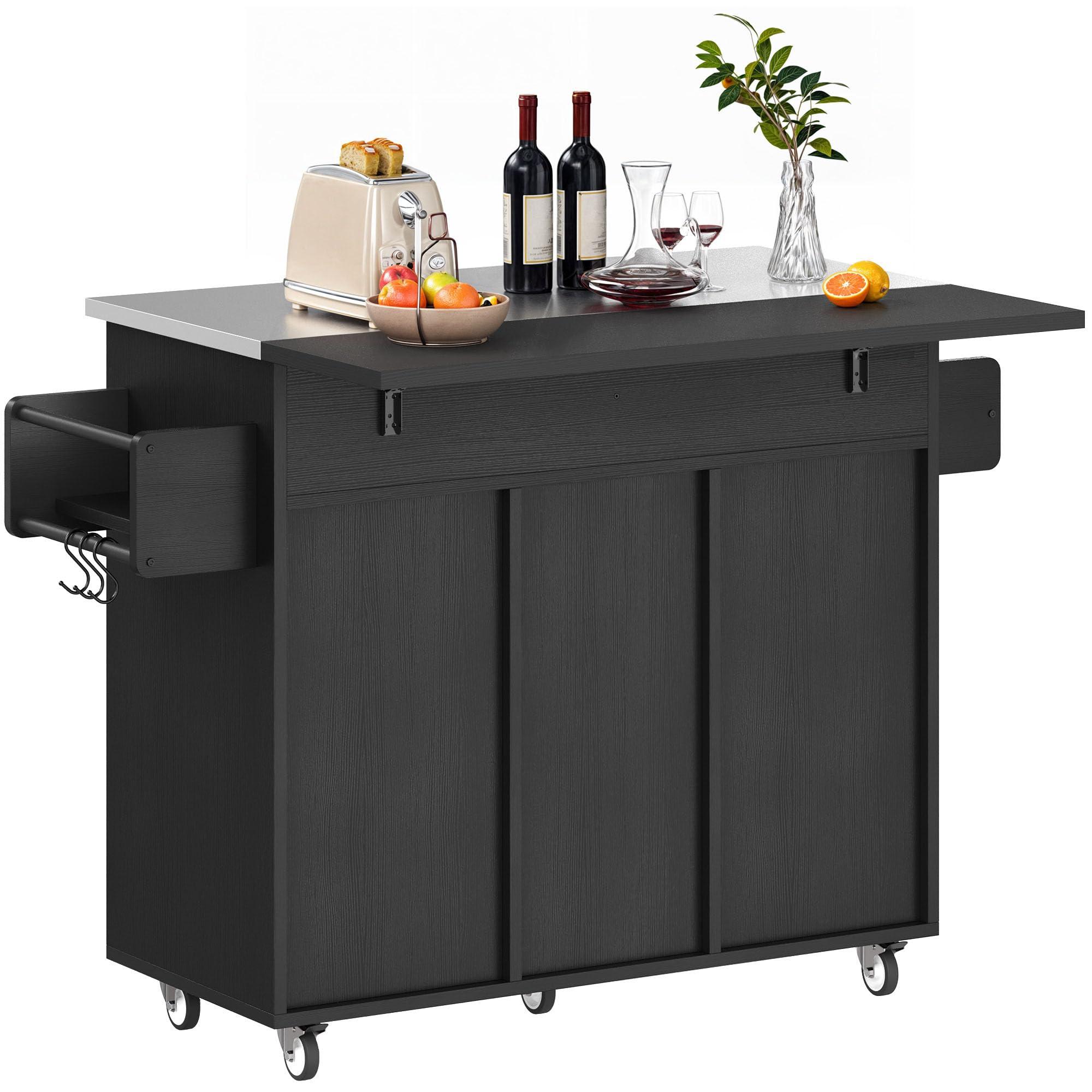 DWVO Kitchen Island on Wheels, Mobile Kitchen Island Cart with Folding Drop Leaf Breakfast Bar, Island Table for Kitchen with Large Storage Cabinets, Racks, Drawers and Adjustable Shelves, Black - Image 8