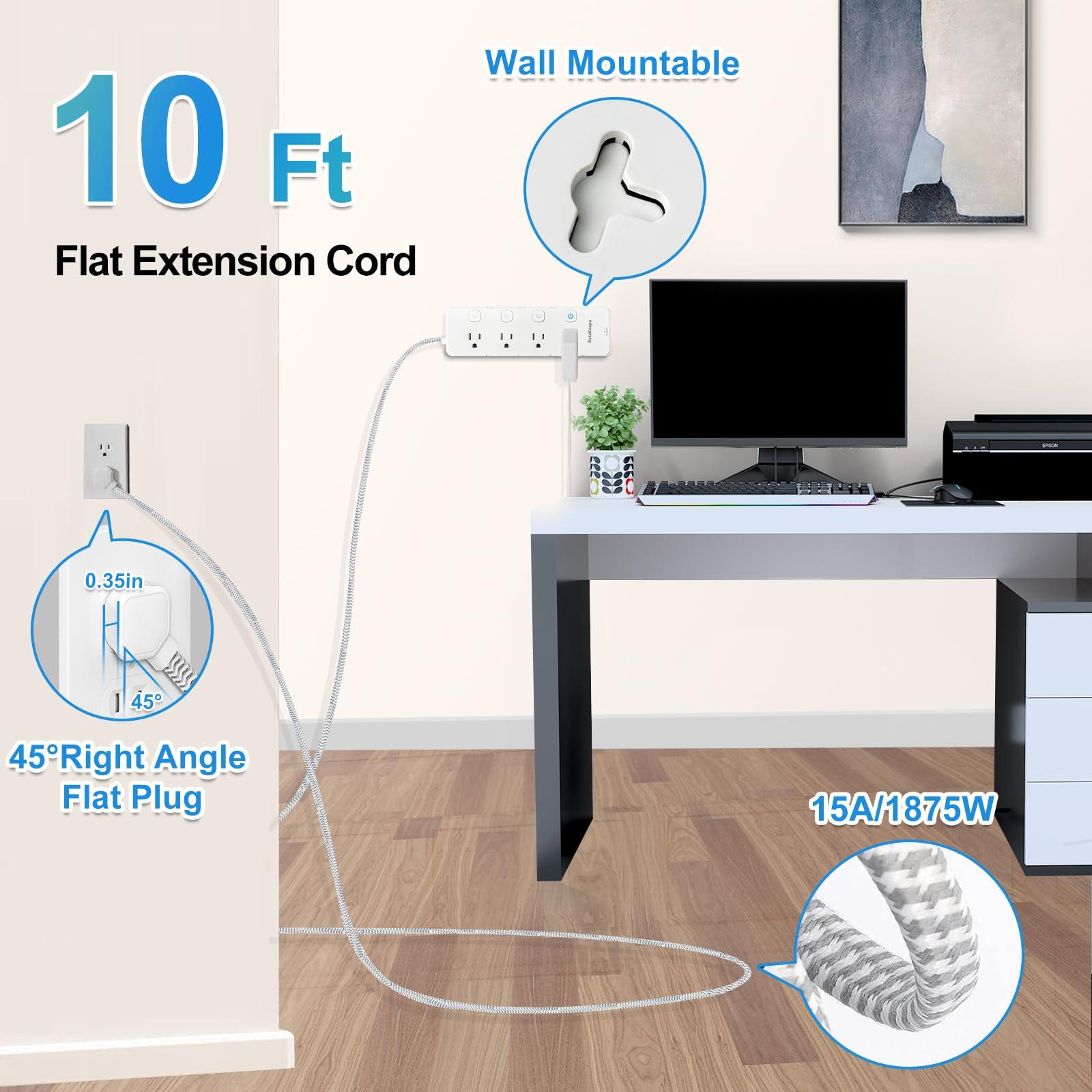10 Ft Surge Protector Power Strip - 8 Widely AC Outlet 4 USB Ports(2 USB C), Flat Plug Extension Cord with Multiple Outlets, Individual Switches, Desk Extender for Dorm, Home, Office Essentials, 1400J - Image 4