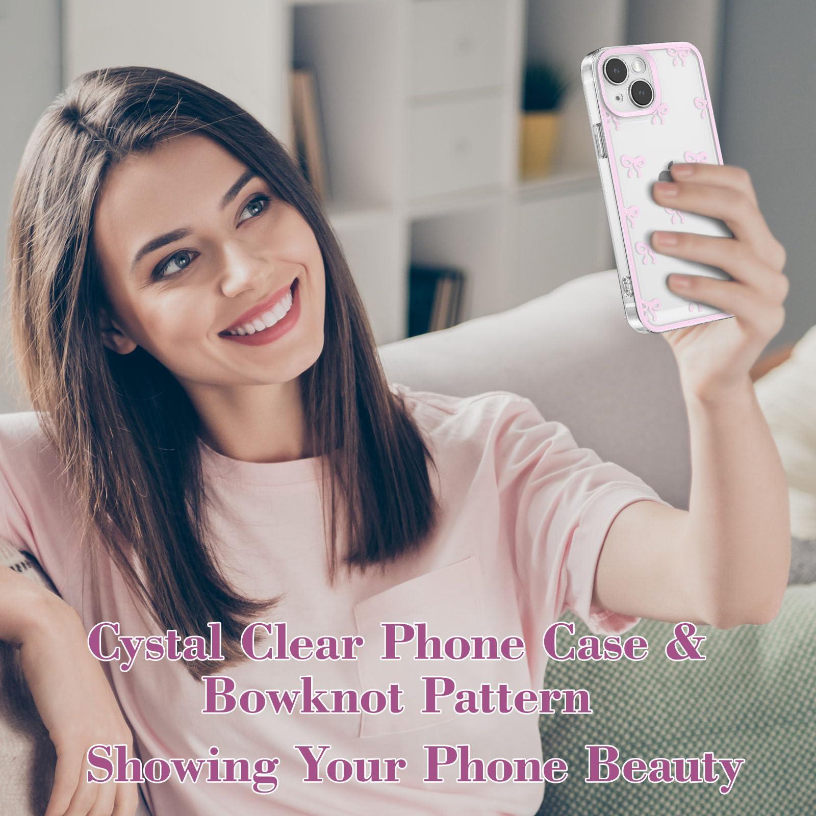 EYZUTAK Case for iPhone 13, Clear Cute Ribbon Bowknot Pattern Aesthetic Transparent Phone Case Raised Camera Protection Stylish Slim Soft Durable TPU Protective Cover for Women Girls - Pink - Image 7