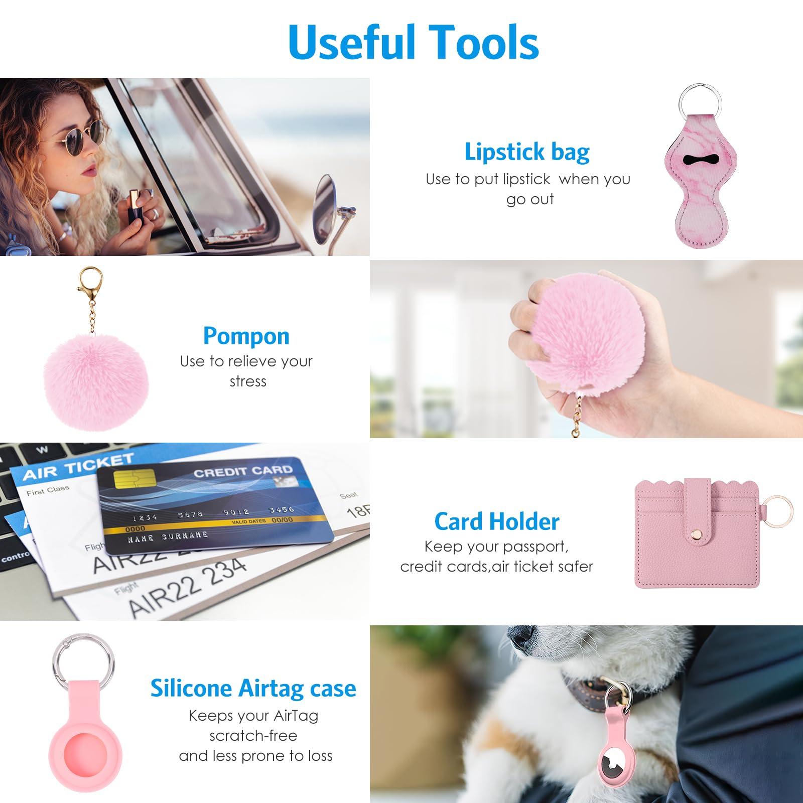 Temracha Safety Keychain Set for Women Girls, 18-in-1 Keychain Accessories Kit with Personal Alarm Whistle Card Wallet Pompom - Image 6