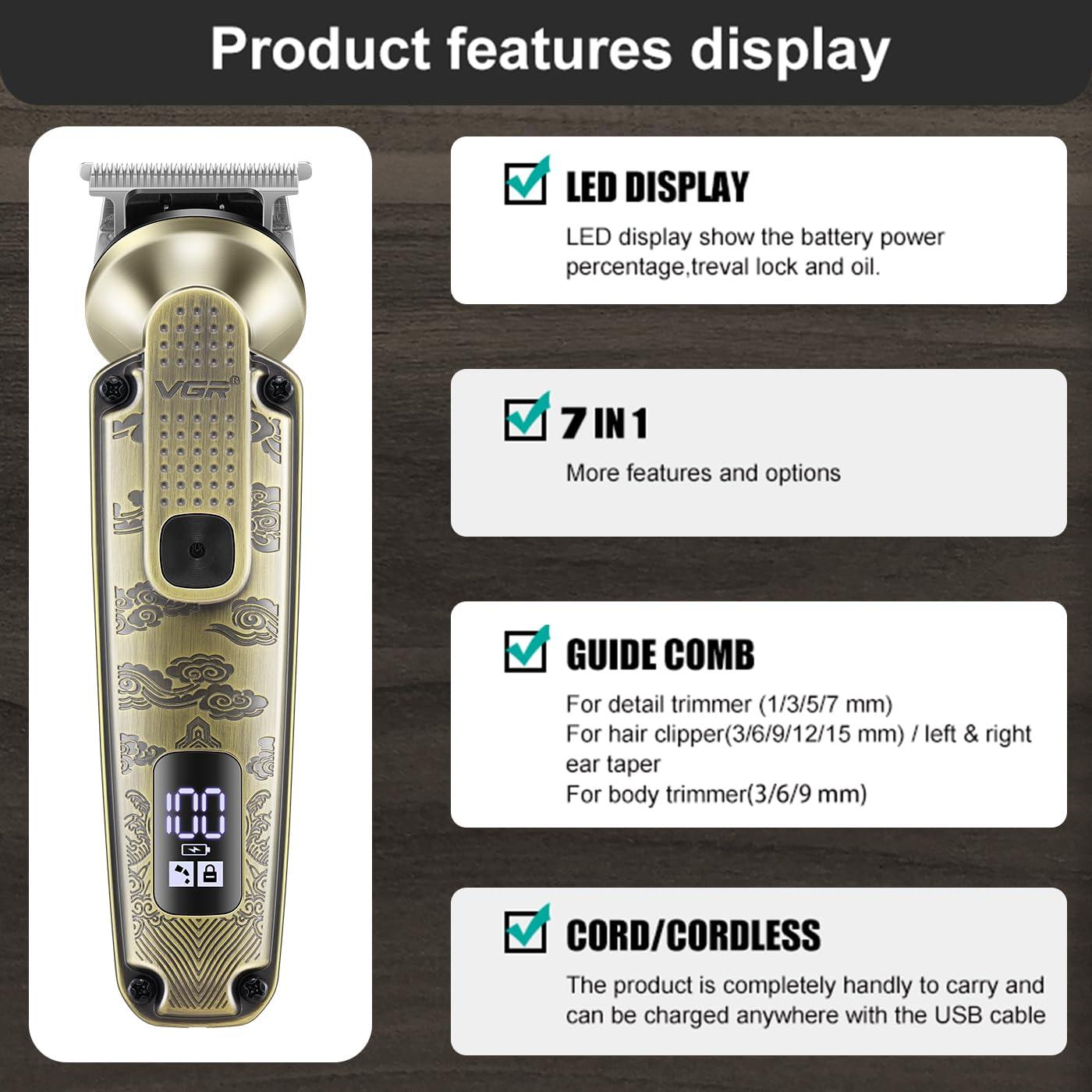 VGR 095 Beard Trimmer for Men, 7 in 1 Waterproof Cordless Hair Clippers and Trimmers Set, Electric Razor Shavers T-Blade Hair Trimmer Grooming Kit for Nose Body Ear Face Mustache, V-103 - Image 3