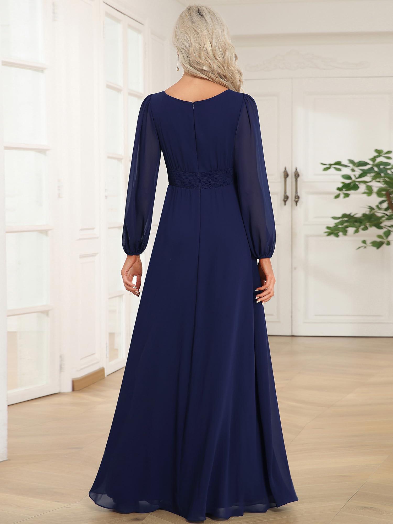 Ever-Pretty Women's Crewneck Long Lantern Sleeves Floor Length A-Line Pleated Chiffon Formal Dress 0106B - Image 2