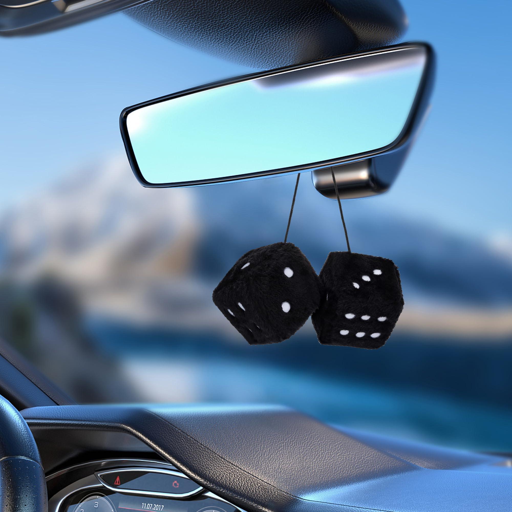 Couslcd Pair Fuzzy Plush Dice for Car Mirror, 2.75'' Retro Square Car Mirror Hanging, Universal Auto Rearview Mirror Ornament, Couple Pendant Charms, Car Accessories for Women (Black) - Image 6