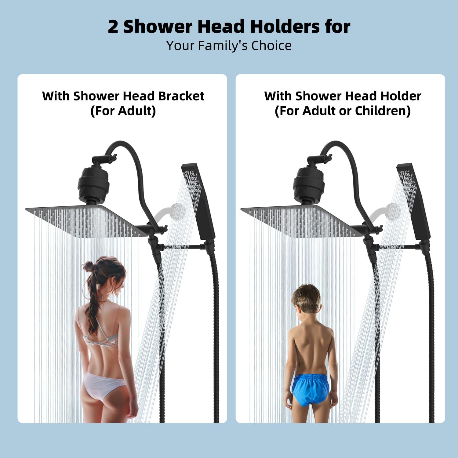 Hibbent All Metal 10'' Filtered Rainfall Shower Head Combo, High Pressure Handheld Shower Wand, 12'' Adjustable Extension Arm, 20 Stage Shower Filter, 71'' Hose, 2 Shower Head Holders, Matte Black - Image 9