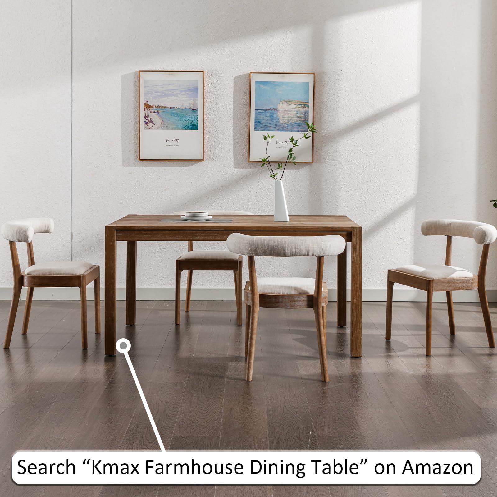 Kmax Dining Chairs Set of 4, Mid-Century Modern Fabric Kitchen Chairs with Natural Walnut Finished Frame & Linen Curved Back, Line Beige - Image 3