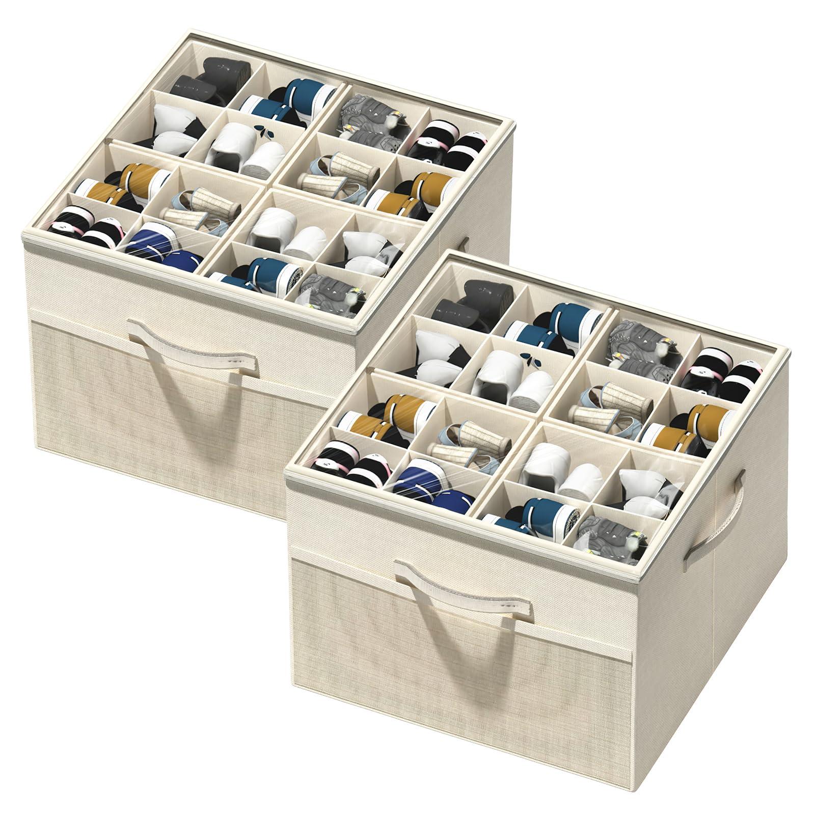 Aokeyee Shoe Organizer for Closet, 2 Pack Foldable Shoe Storage Organizer Box Bin with Adjustable Dividers and Clear Cover, Fits up to 16-32 Pairs (Beige)