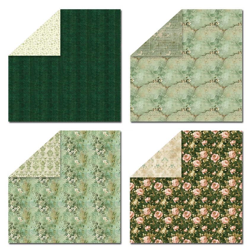 Kauzon 24 Sheets Scrapbook Paper Vintage Green Floral Pattern Double Sided Printing Craft Paper for DIY Card Making Scrapbook Wedding Photo Album Home Décor-12 x 12 Inches - Image 5