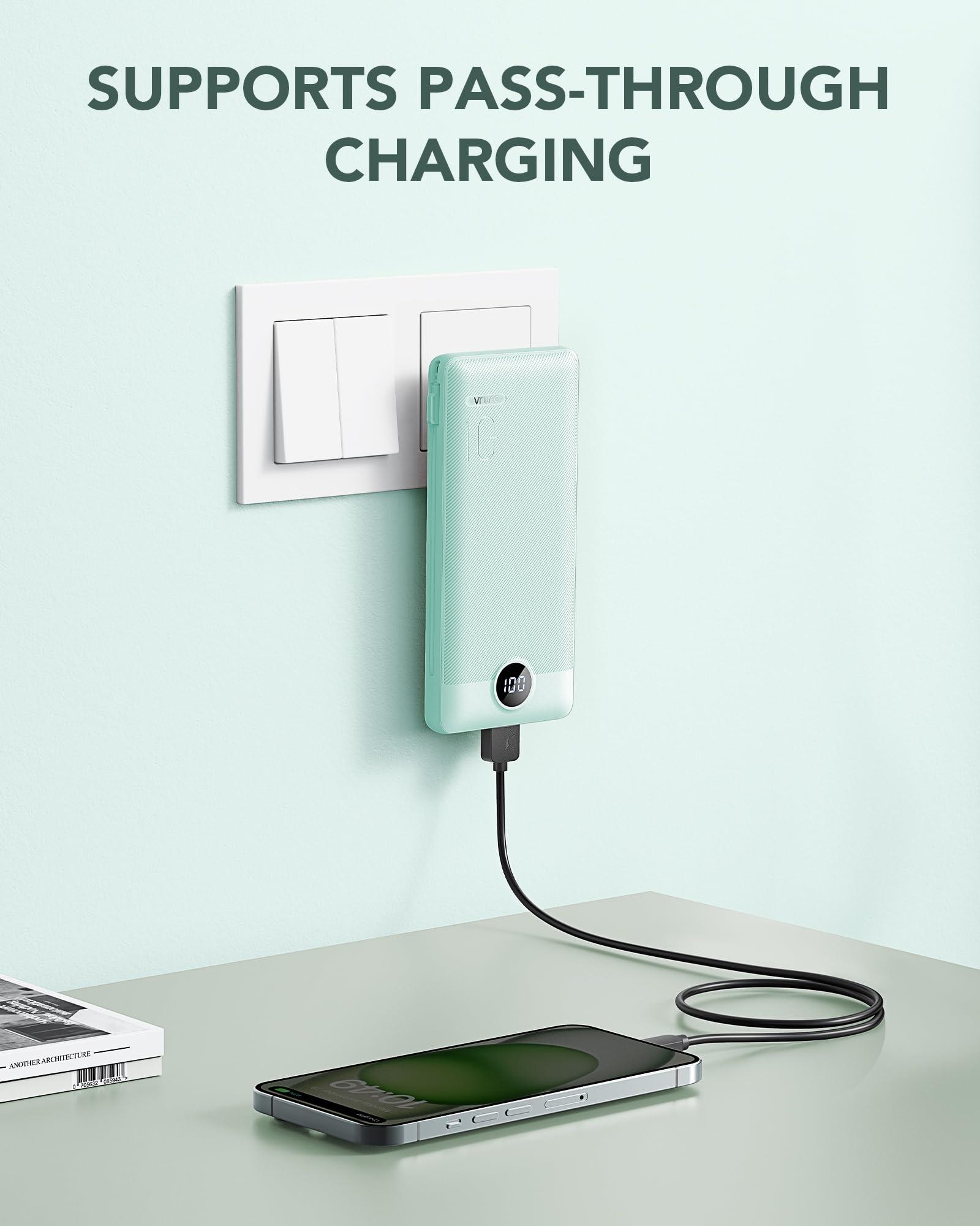 VRURC Portable Charger Built-in Cables and AC Wall Plug, USB C Power Bank 10000mAh, Travel Battery Portable Phone Charger Compact Lightweight External Battery Pack for Smart Phones, Tablets etc-Green - Image 2