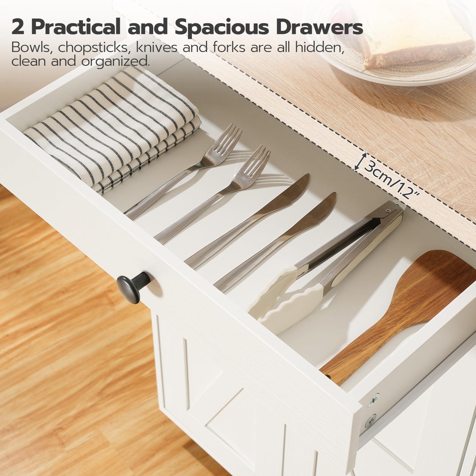 HOOBRO 43.3 Inch Kitchen Island with Charging Station, Rolling Kitchen Island with Storage, Rolling Cart with Spice Rack and Hooks, for Dining, Living Room, White and Natural WN11UZD01 - Image 4