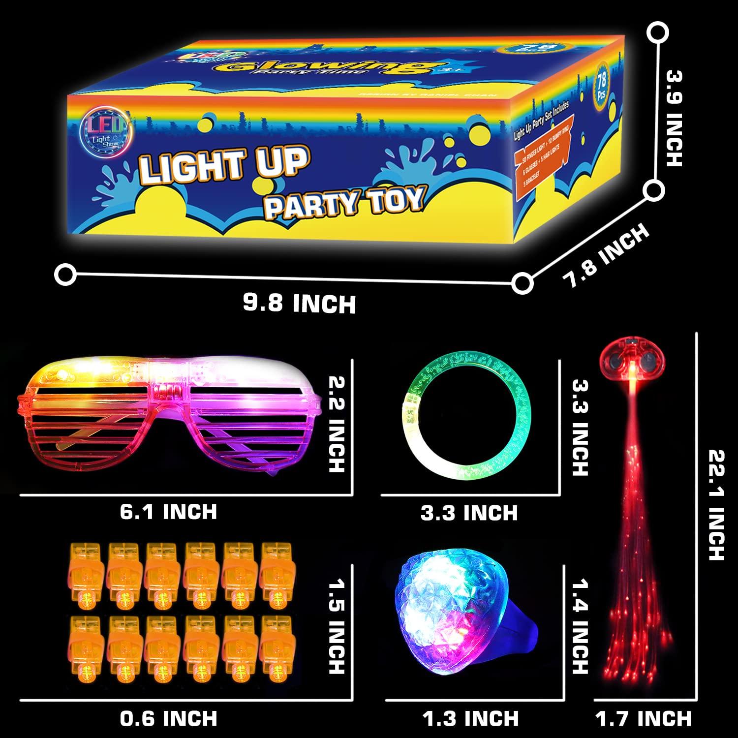 78PCs LED Light Up Toy Party Favors/Supplies Bulk Glow In The Dark For Adult Kids Birthday Halloween With 50 Finger Light, 12 Jelly Ring, 6 Flashing Glasses, 5 Bracelet, 5 Fiber Optic Hair Light - Image 3