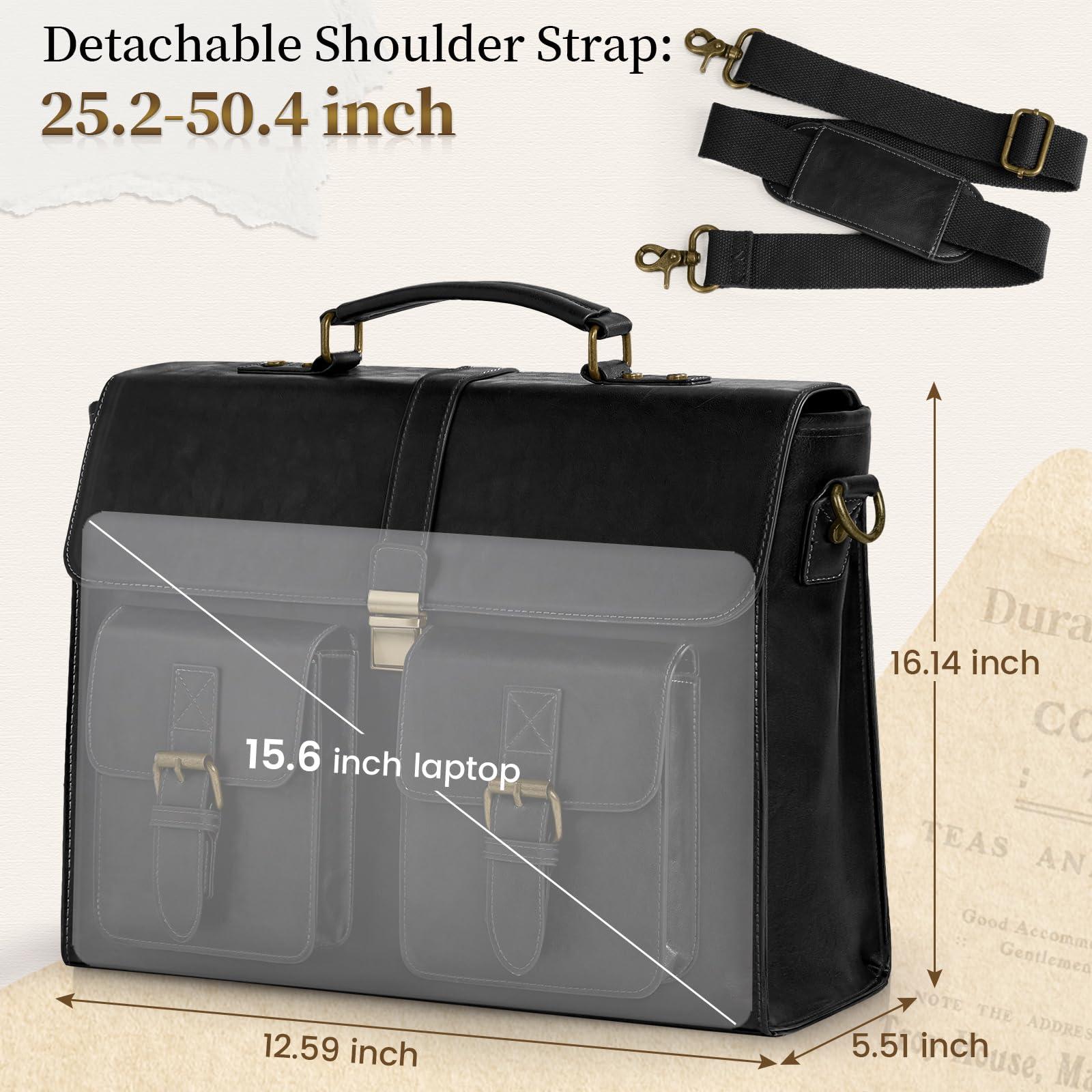 RAINSMORE Mens Messenger Bag 15.6 Inch Leather Vintage Laptop Briefcase Waterproof Computer Laptop Bag Leather Satchel Bag Large Shoulder Bag for Office Work Travel College, Black - Image 2