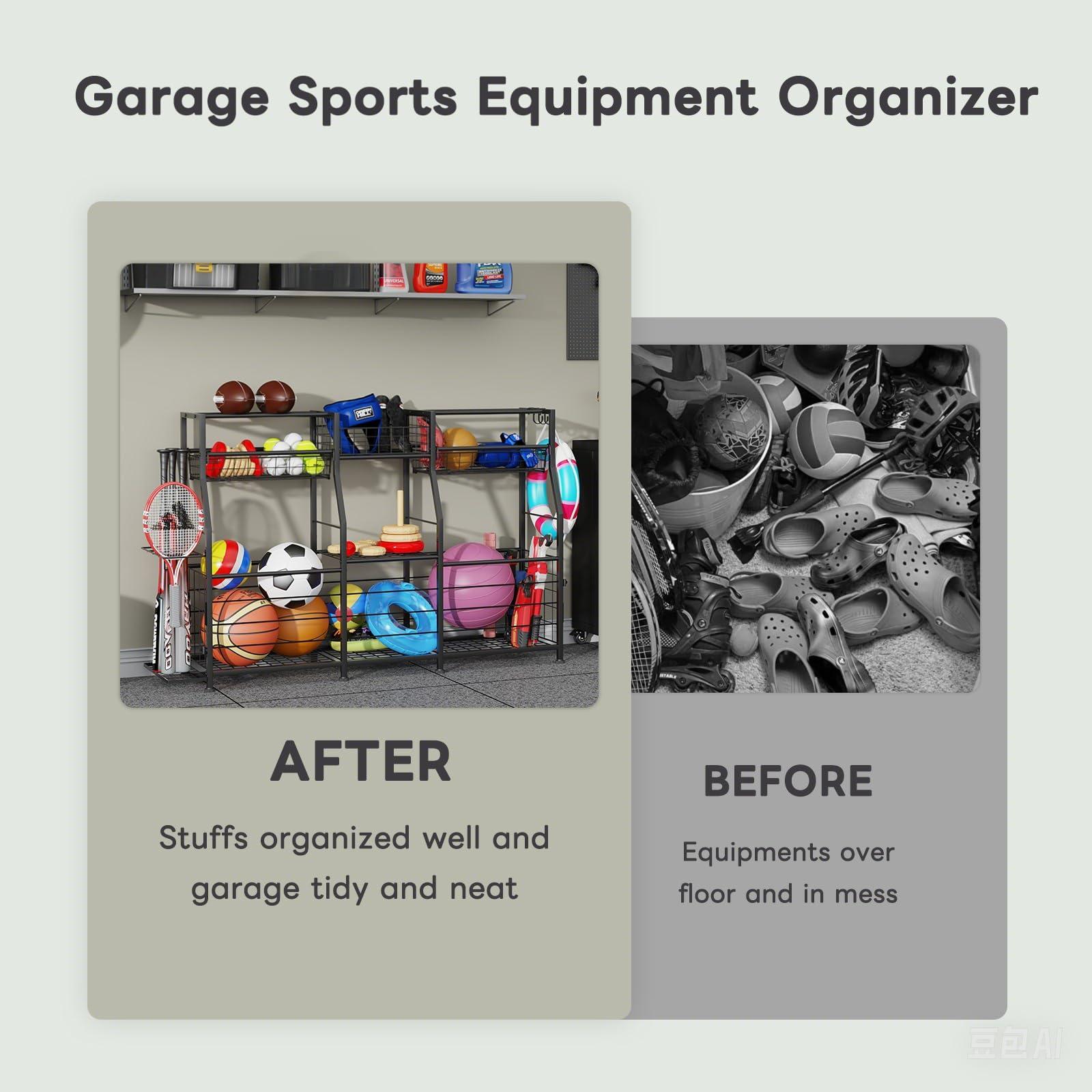 LUMAMU Small Garage Sports Equipment Organizer, Garage Ball Storage Rack, Garage Organizer System, Indoor/Outdoor Shelf Rack for Sports Gear - Image 5