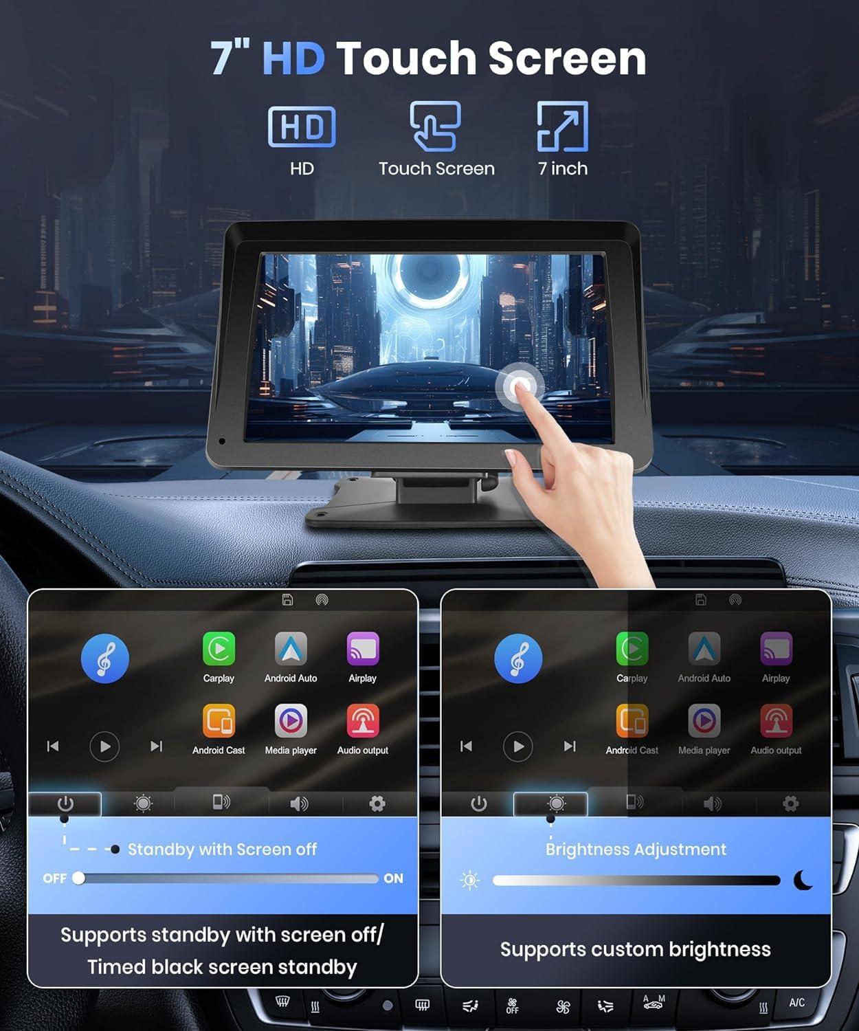 Podofo Portable Car Stereo Wireless Carplay Android Auto,7 Inch Touch Screen Car Radio with Bluetooth Hands-Free/Mirror Link/Maps Navigation/Voice Control/TF Card/AUX,for Cars, Trucks, SUVs - Image 2