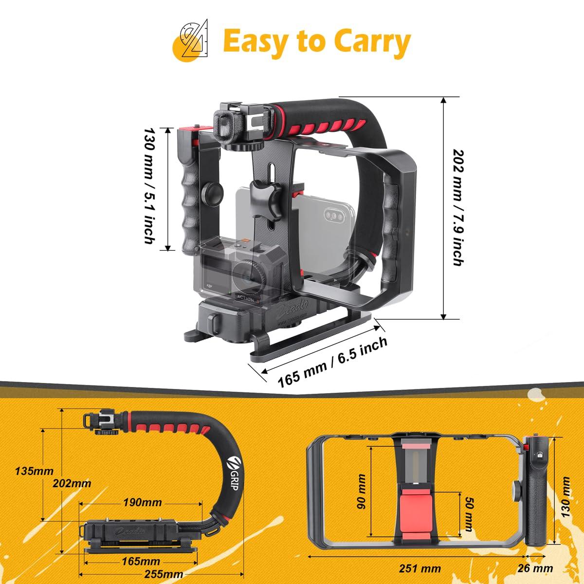 Zeadio Camera Handheld Stabilizer with Smartphone Video Cage Rig, Triple Cold-Shoe Handle Grip Compatible with All Camera Action Camera DSLR Smartphone - Image 7