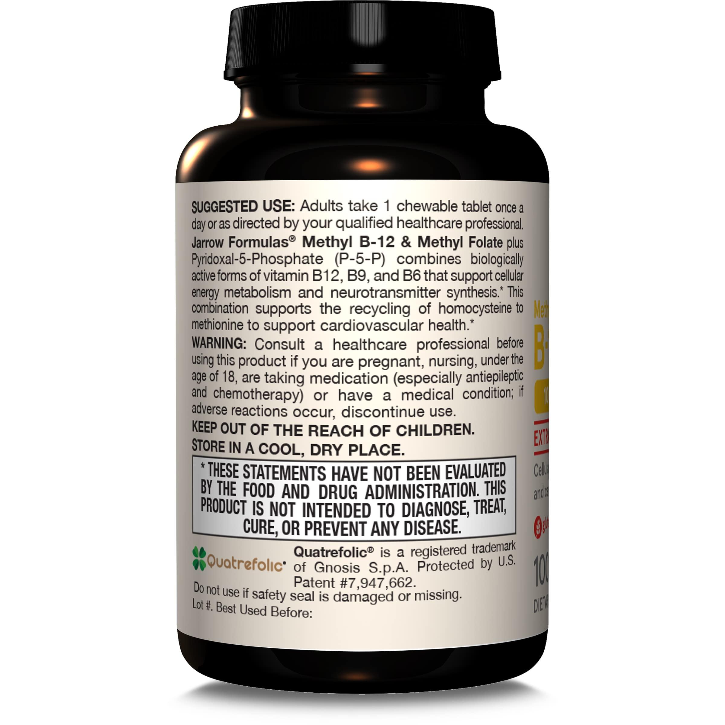 Jarrow Formulas Methyl B-12 1000 MCG and Methyl Folate 400 MCG, Extra Strength, Cellular Energy Metabolism and Cardiovascular Health Formula(1) With P-5-P, 100 Chewable Tablets, Up to a 100 Day Supply - Image 9