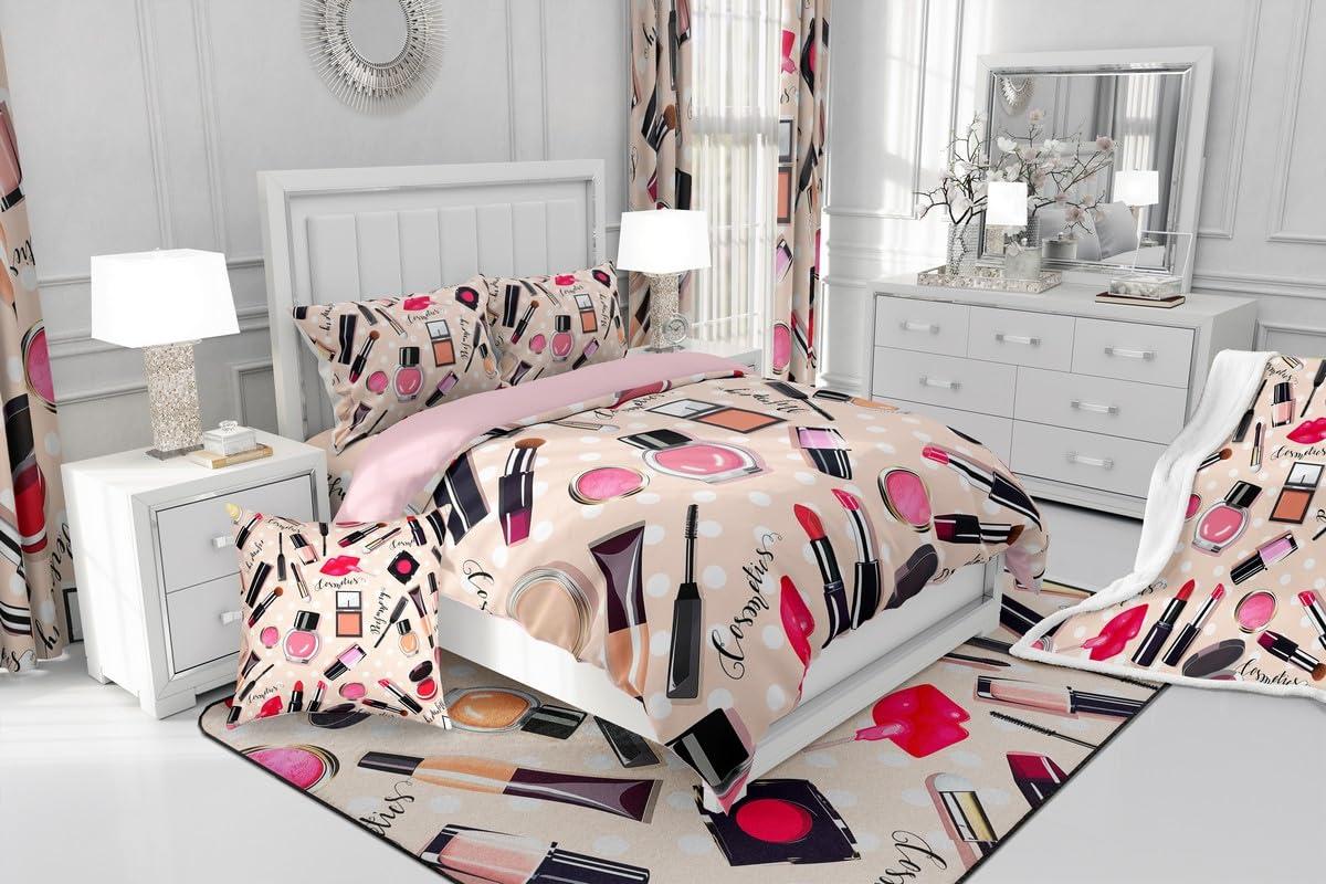 Erosebridal Fashion Comforter Set Makeup Cosmetic Theme Bedding Set Perfume Lipstick Modern Quilt Soft Microfiber Home Decor for Women Girls 1 Comforter with 2 Pillow Cases Full Size - Image 8
