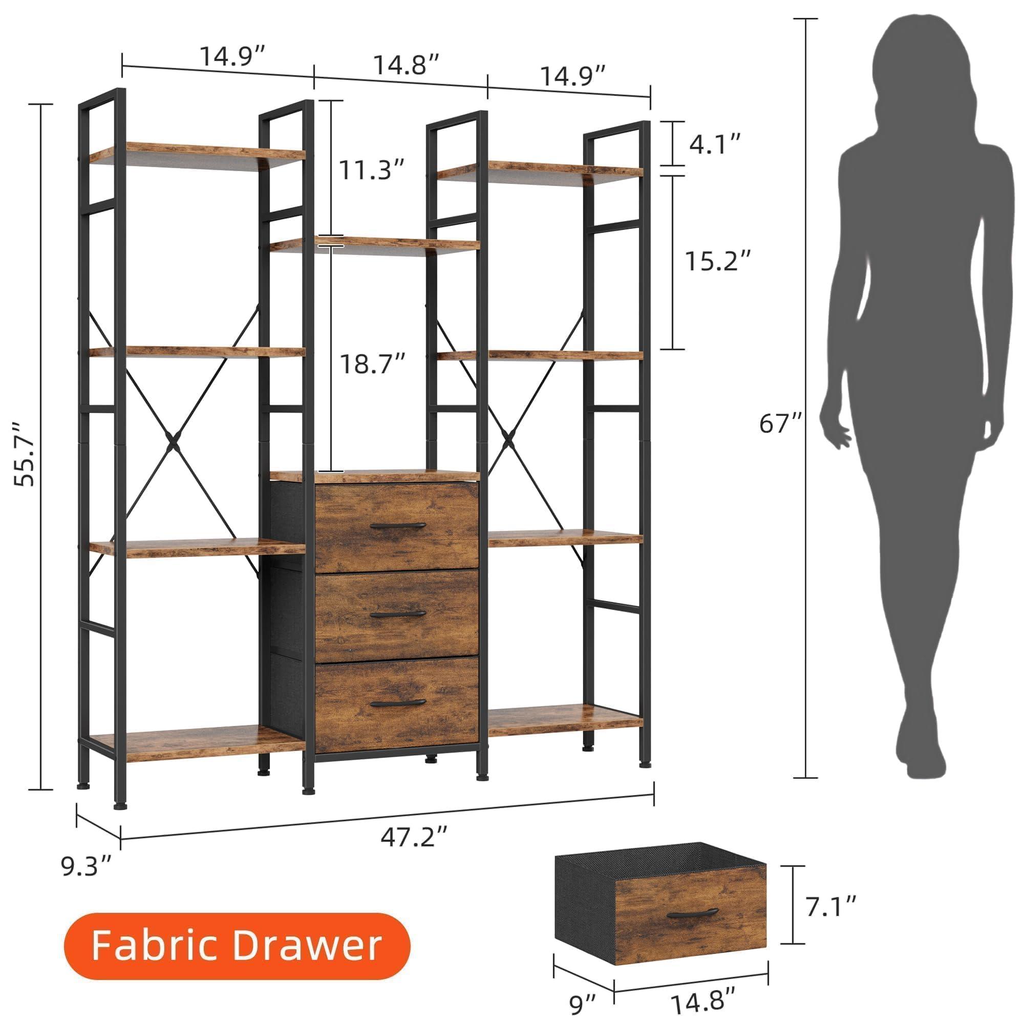 AFLUI Triple Bookshelf with 3 Fabric Drawers, 4-Tier Book Shelf and 10 Display Shelves, Industrial Large Bookcase for Home & Office, Rustic Brown, 47'' Wide - Image 3