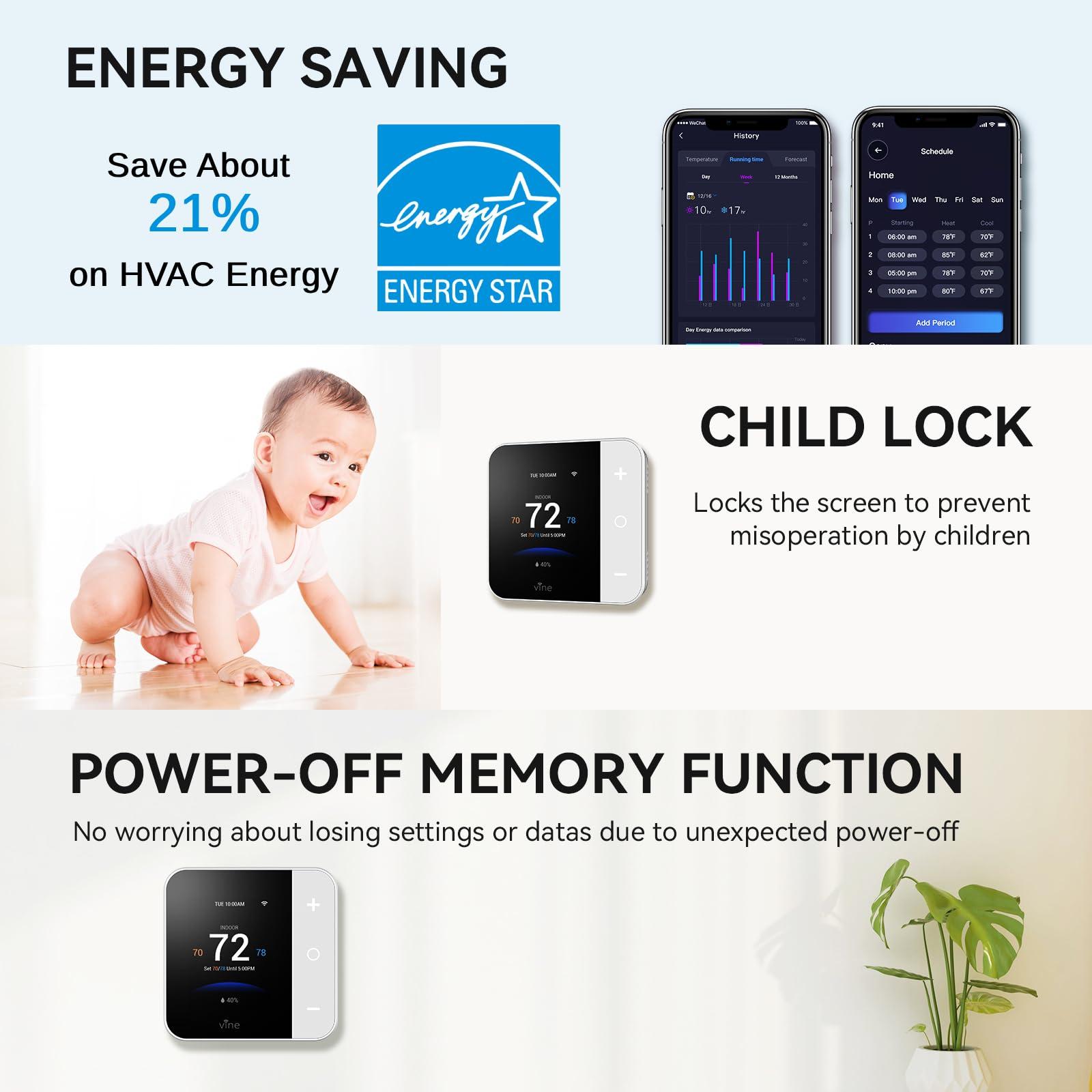 Vine Thermostat for Home with Touchscreen Color Display, WiFi Smart Thermostat Compatible with Alexa and Google Assistant, 7day/8period Programmable, Energy Saving, C-Wire Required, Screen Size 2.8" - Image 8