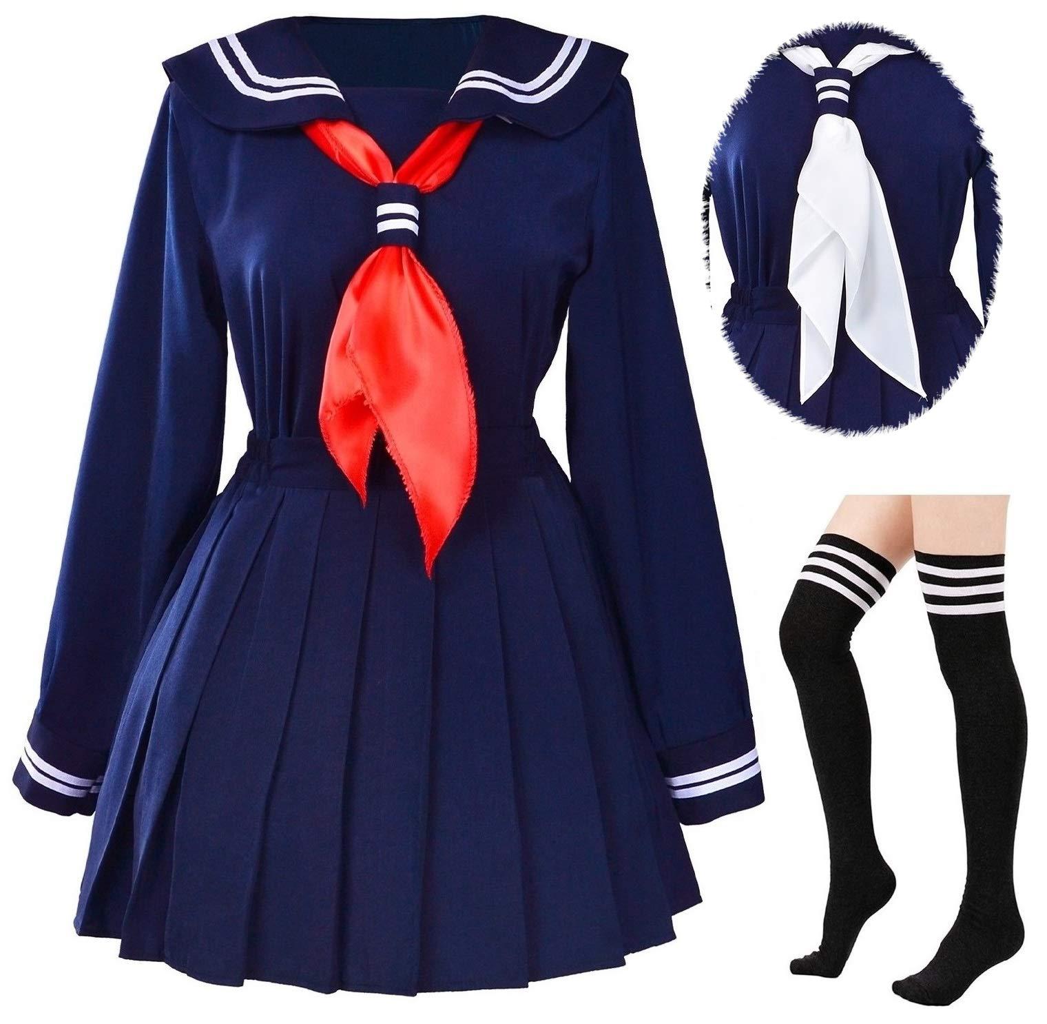 Classic Japanese School Girls Sailor Dress Shirts Uniform Anime Cosplay Costumes with Socks Set - Image 3