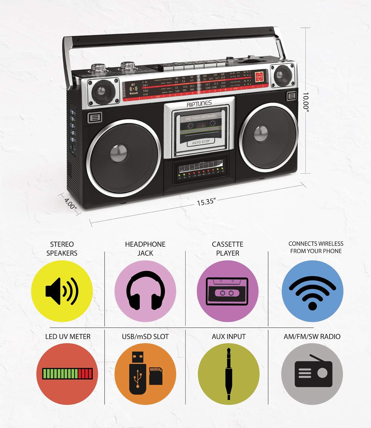 Riptunes Boombox Radio Cassette Player Recorder, AM/FM -SW1/SW2 Radio, Wireless Streaming, USB/Micro SD Slots, Aux in, Headphone Jack, Classic 80s Style Retro, Black - Image 2