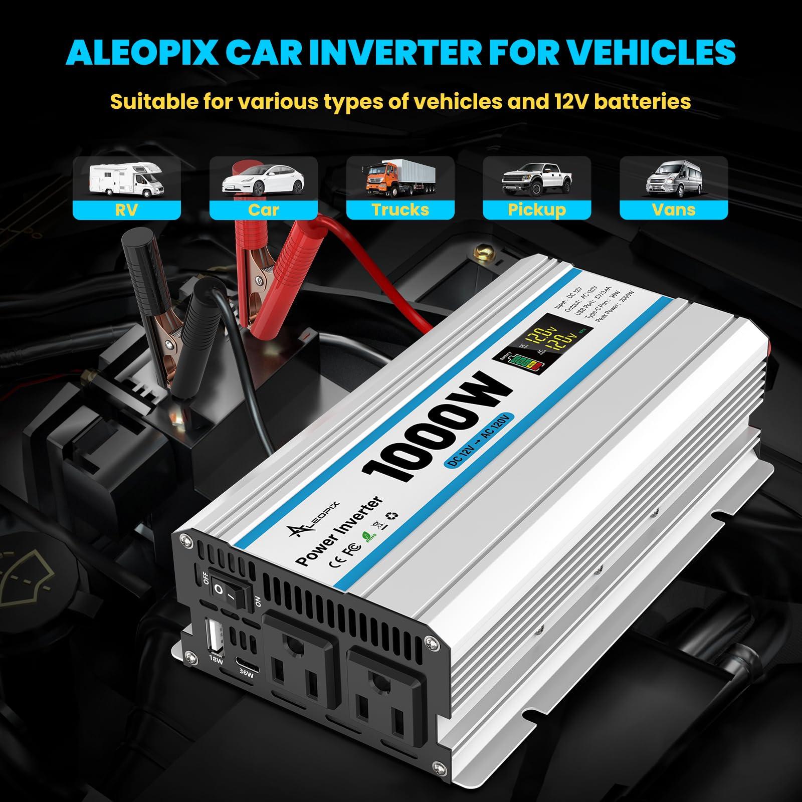 1000W Car Inverter 12V to 110V DC to AC Power Inverters for Vehicles with 2 AC Outlets/36W PD USB-C/18W QC USB-A Fast Charging/Cigarette Lighter/LED Display/100A Cables 1000 Watt Inverter - Image 2