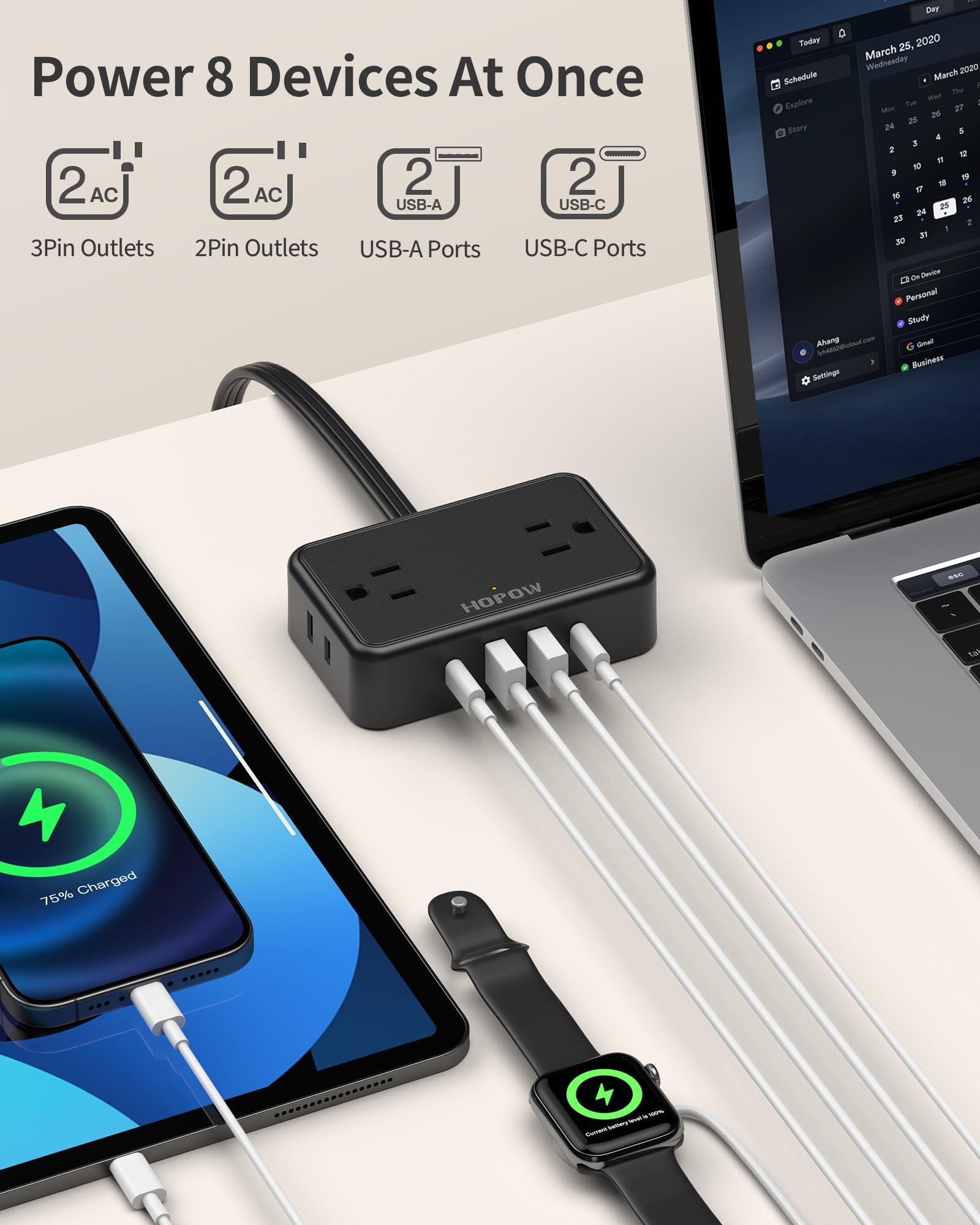 HOPOW Flat Plug Extension Cord, 6 Ft Ultra Thin Power Strip, 4 AC Wide Spaced outlets and 4 USB (2 USB-C) Ports, No Surge Protector for Cruise Ship, Travel, Dorm Room Essentials (Black) - Image 2