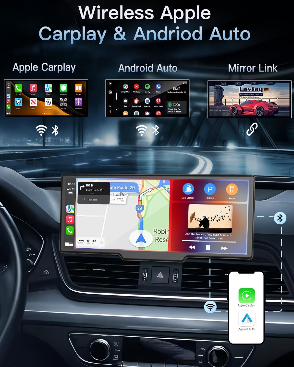 Portable Wireless CarPlay Touchscreen for Car: 4K Apple Carplay & Android Auto Car Play Screen with 4K Dash Cam/1080p Rear Camera/GPS Navigation/Bluetooth/Mirror Link/AirPlay (Obsidian Black-10IN) - Image 2
