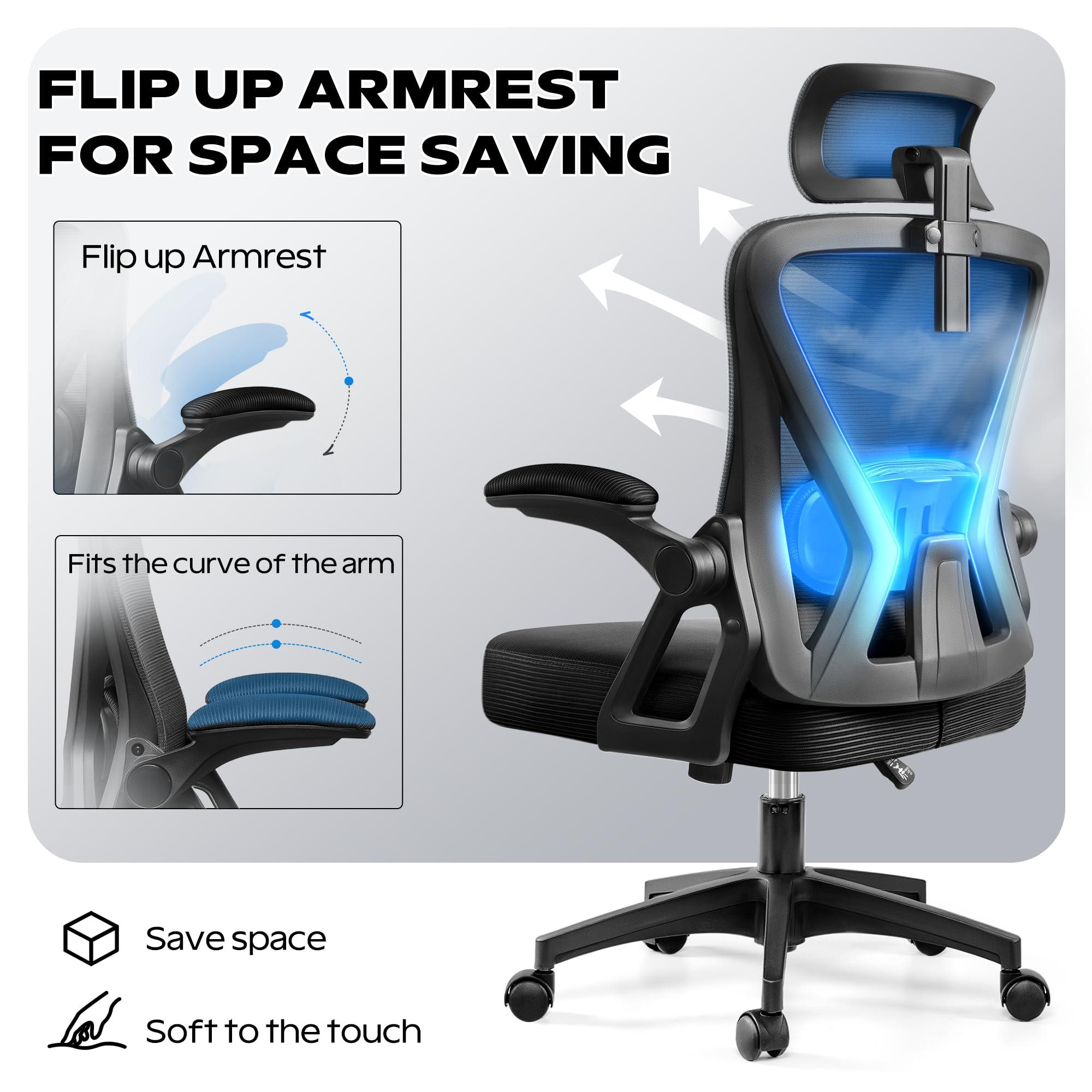 Ergonomic Office Chair, Home Office Desk Chair with Headrest, High Back Mesh Chair with Flip-up Armrests, Comfy Desk Chair with Lumbar Support, Rolling Swivel Task Computer Chair for Home Office - Image 2
