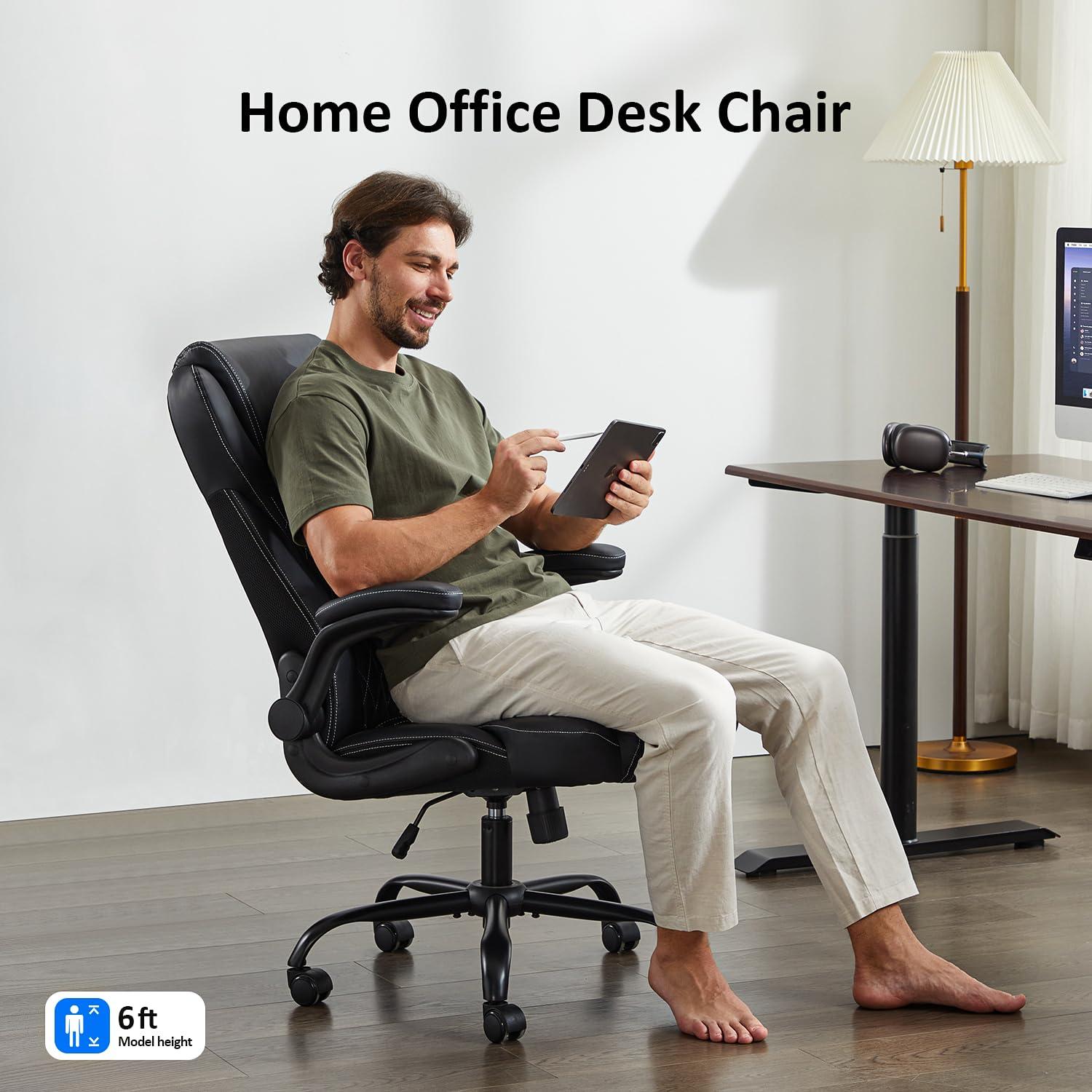 amseatec, Office Chair, Executive Leather Chair Home Office Desk Chairs, Ergonomic Computer Desk Chair with Adjustable Flip-Up Arms, Lumbar Support Swivel Task Chair with Rocking Function (Black) - Image 3