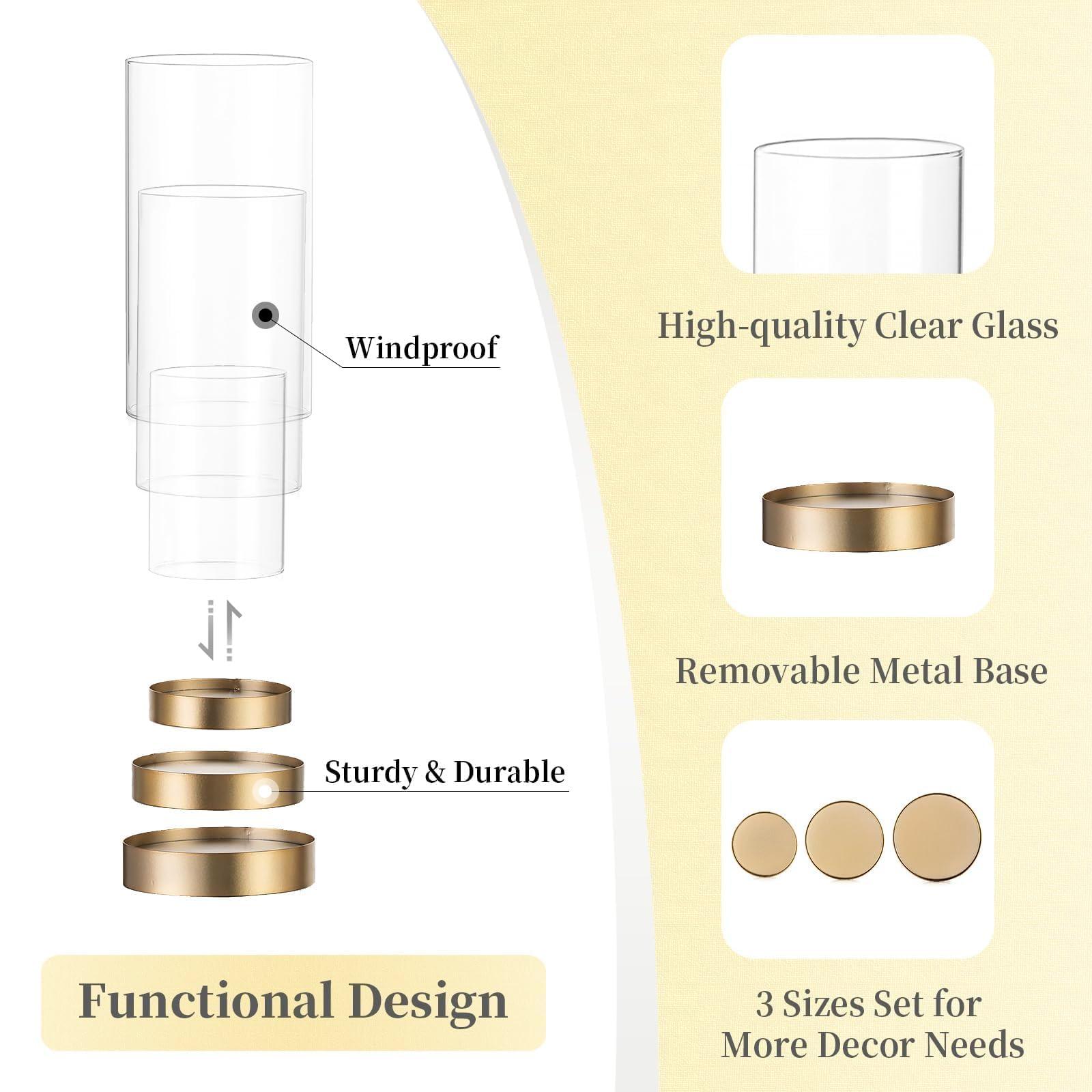 Hewory Hurricane Candle Holder for Pillar Candles: Gold Votive Candle Holders Set of 12, Glass Hurricane with Metal Candle Plate, Pillar Candle Holder for Table Centerpiece Wedding Holiday Home Decor - Image 9