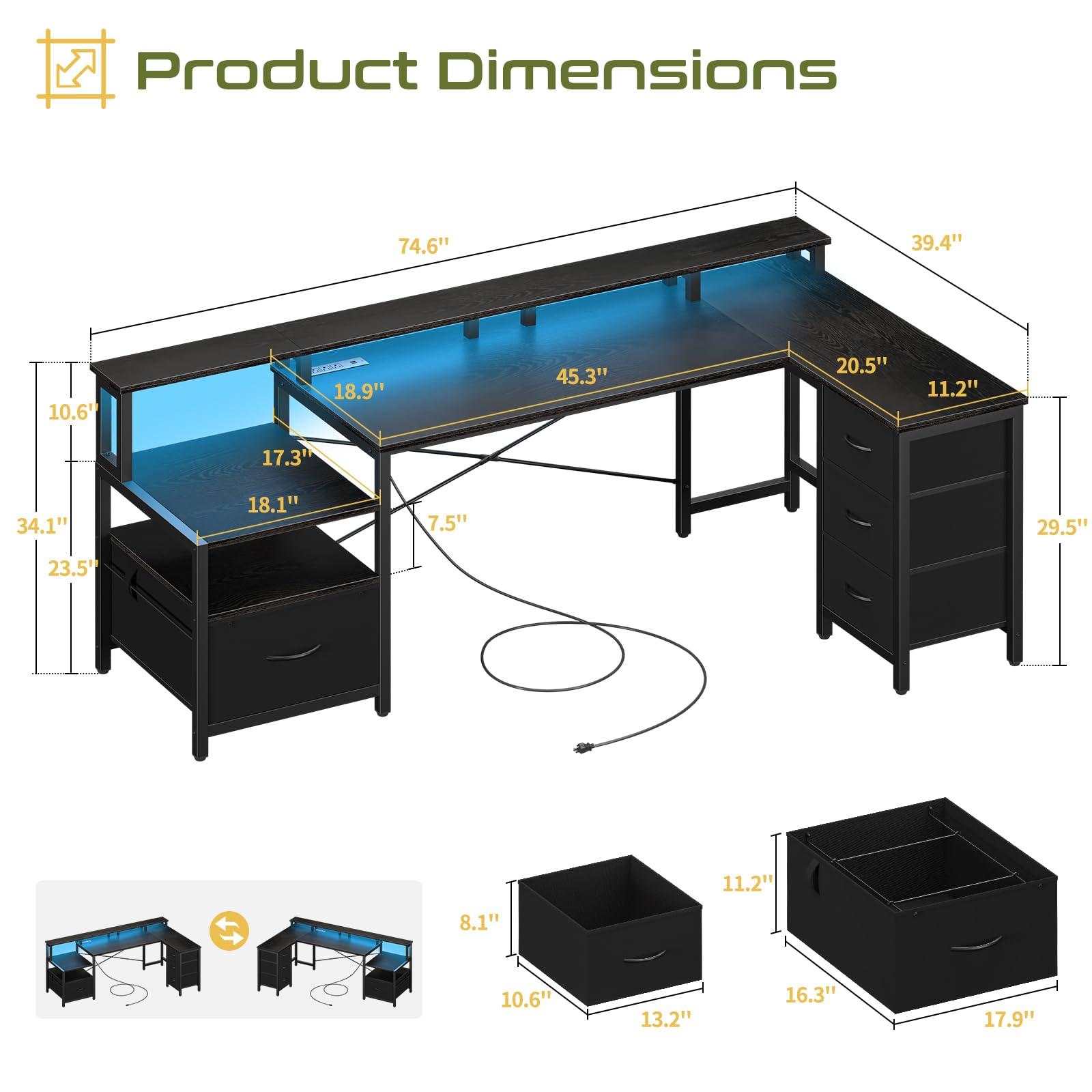 Yoobure L Shaped Desk with Drawers, Gaming Desk with LED Lights & Outlets, 75" Reversible Computer Desk with Storage File Cabinet & Printer Stand, Corner Desk Office Desk with Dual Monitor Stand Black - Image 2