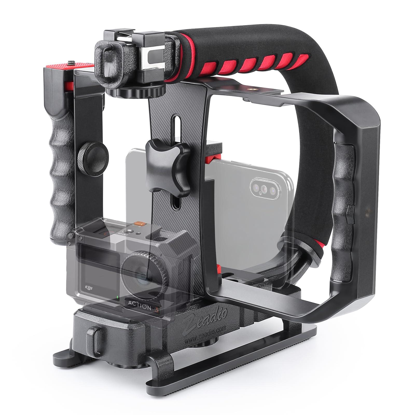 Zeadio Camera Handheld Stabilizer with Smartphone Video Cage Rig, Triple Cold-Shoe Handle Grip Compatible with All Camera Action Camera DSLR Smartphone