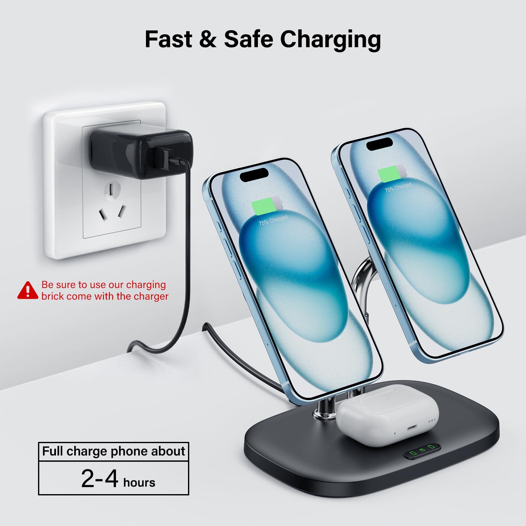 SwanScout Wireless Charger for iPhone 16 15, SwanScout 706M, Dual Magnetic Charger for iPhone 14/13/12 Series, Charging Station for AirPods Pro 2, AirPods 4/3rd (Black) - Image 5