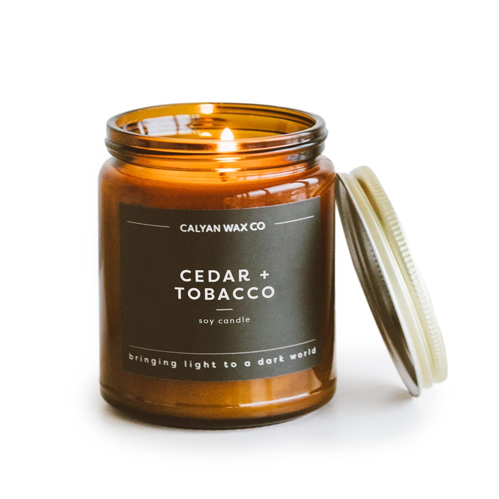 Calyan Wax Co. Soy Wax Candle, Cedar + Tobacco Scented Candle, 57 Hour Burn Time, Aromatherapy Soy Candles, Non Toxic & Vegan Soy Wax, Amber Glass Jar Scented Candles, 7.2oz